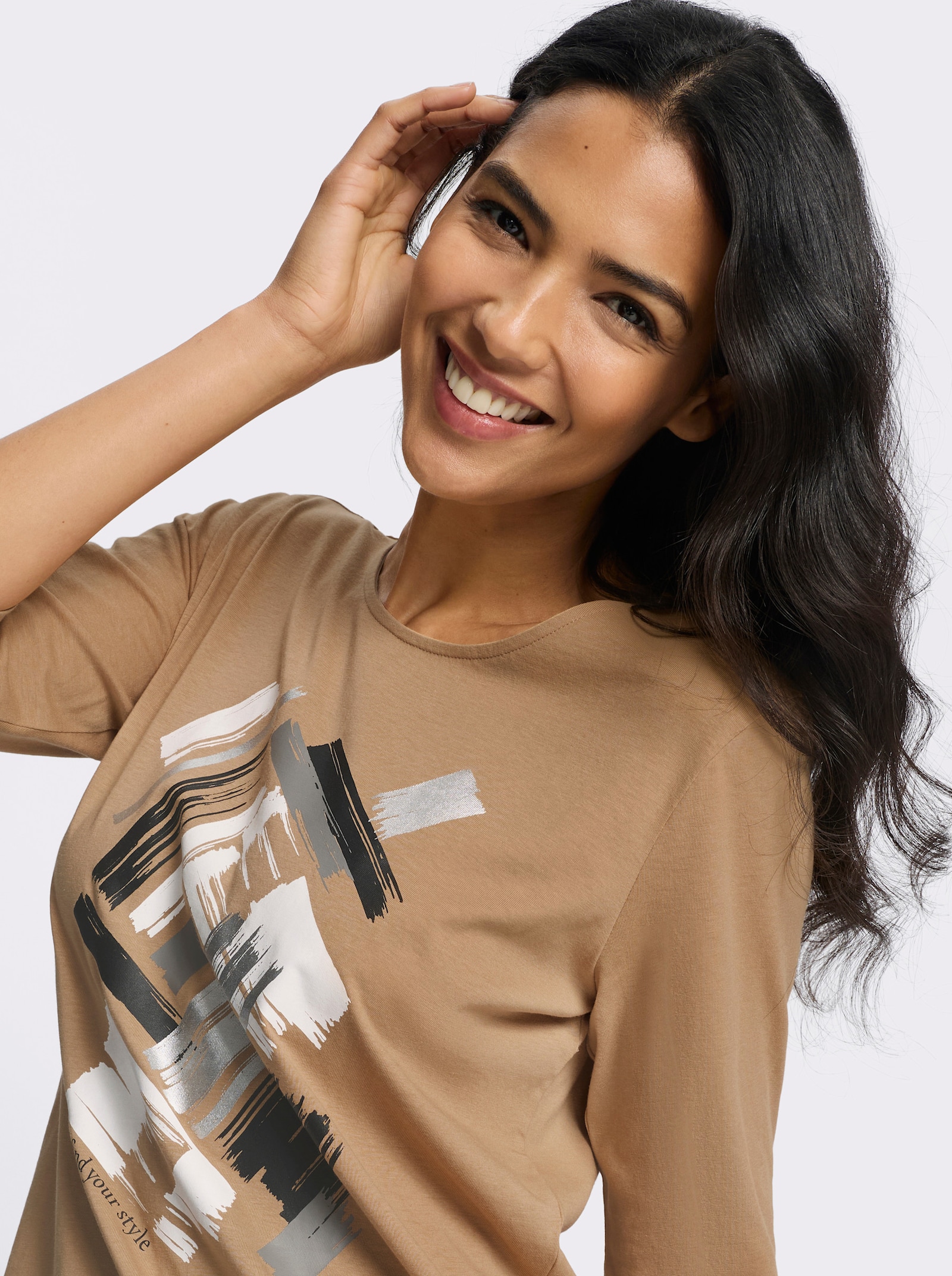 3/4-Arm-Shirt mit glänzendem Druck - camel-ecru