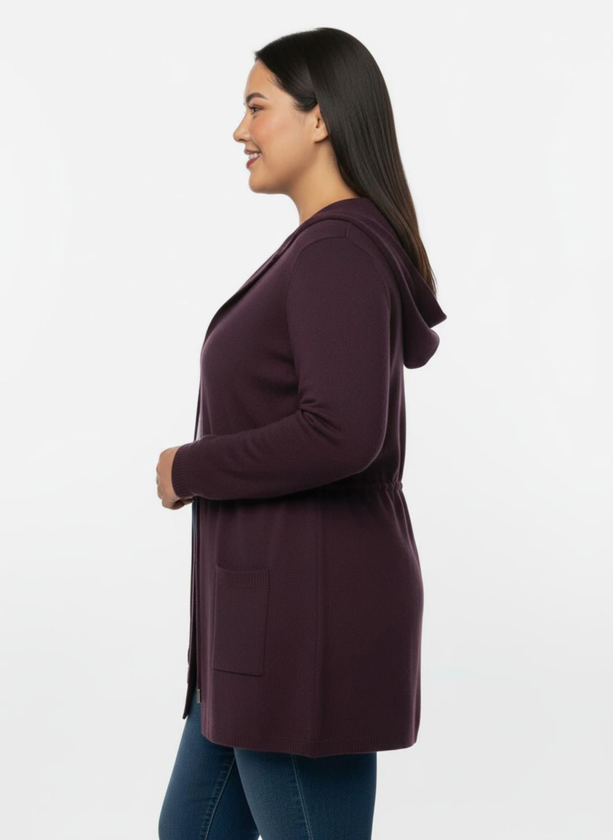 Kapuzenstrickjacke mit Tunnelzug in der Taille - burgund