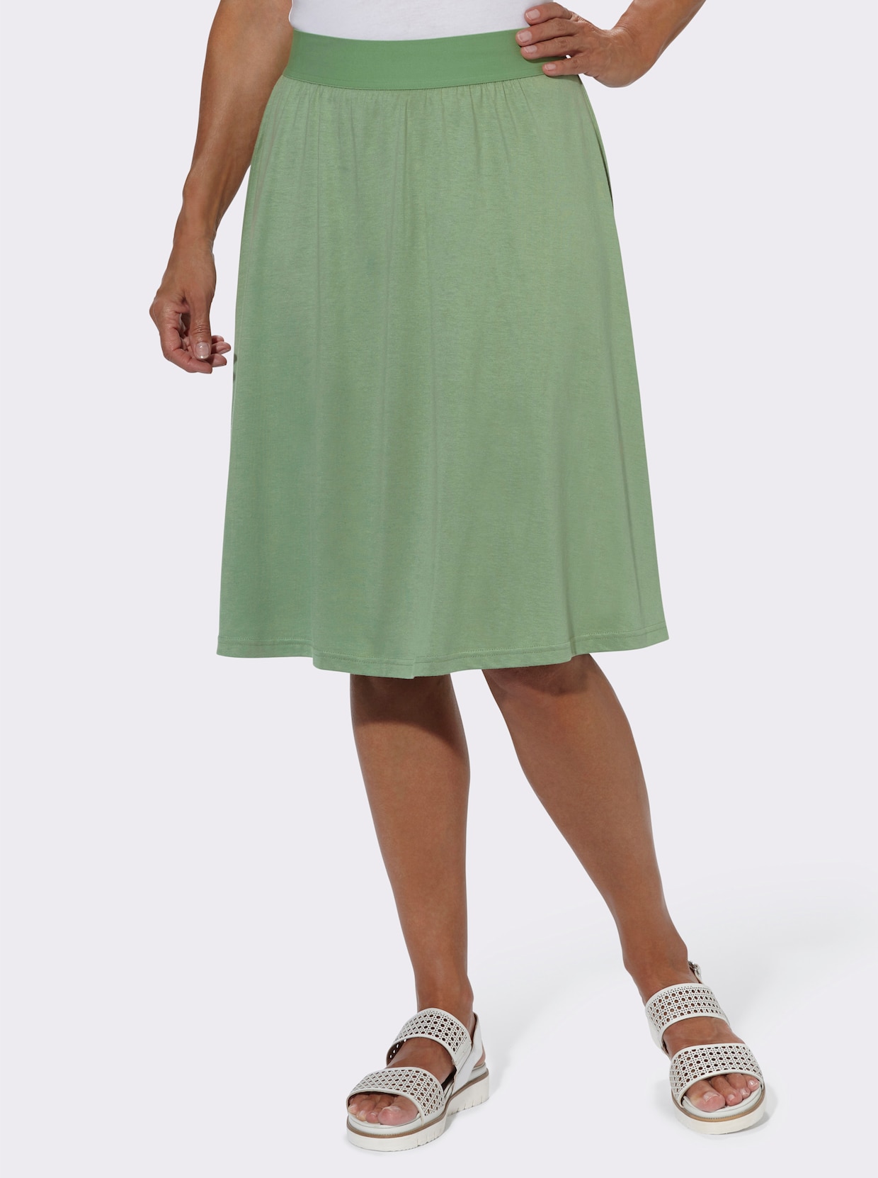 Džersejová sukňa - Eukalyptová + eukalyptovo-biela potlač