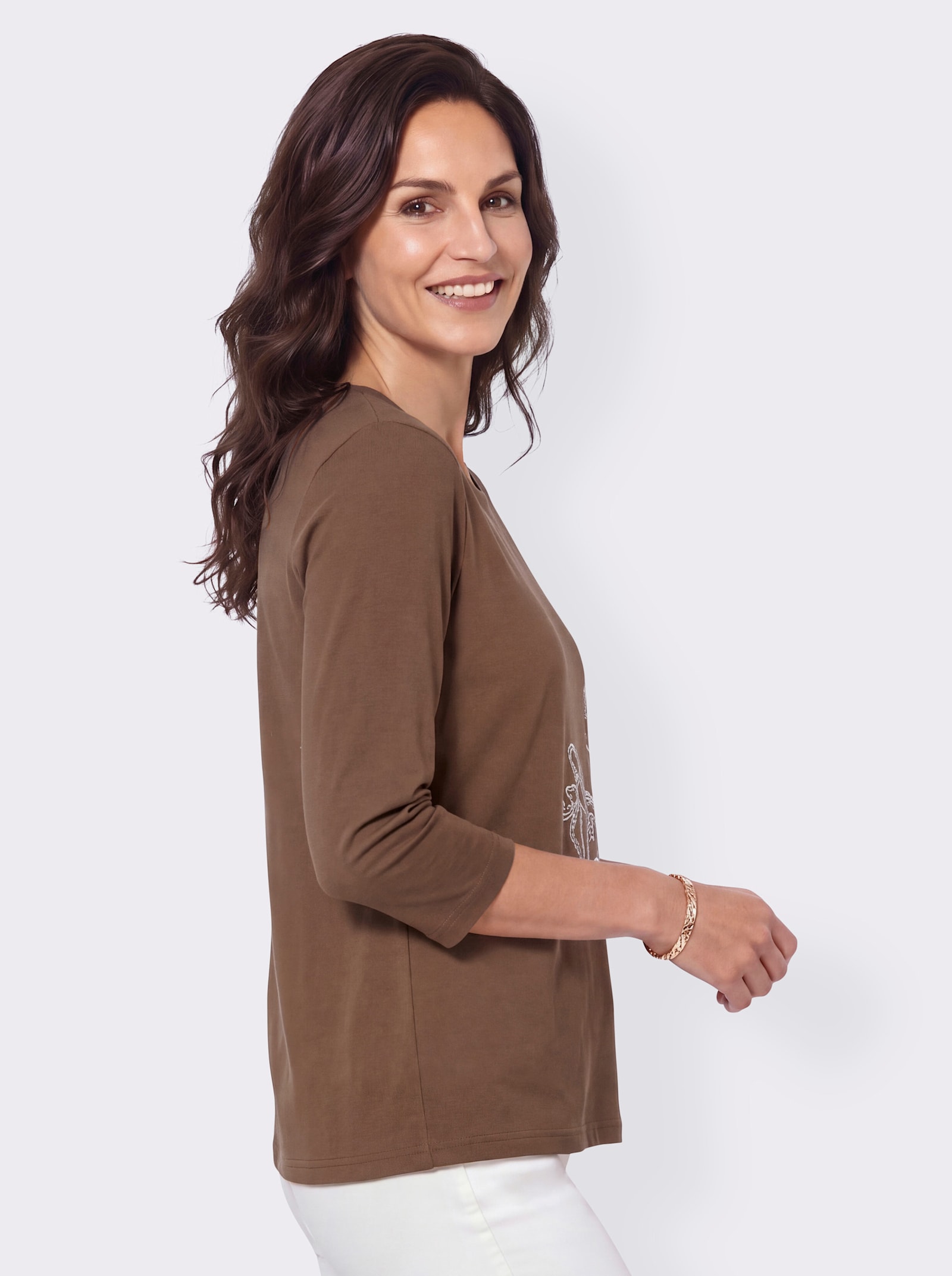 Rundhalsshirt mit kontrastfarbiger Stickerei - braun
