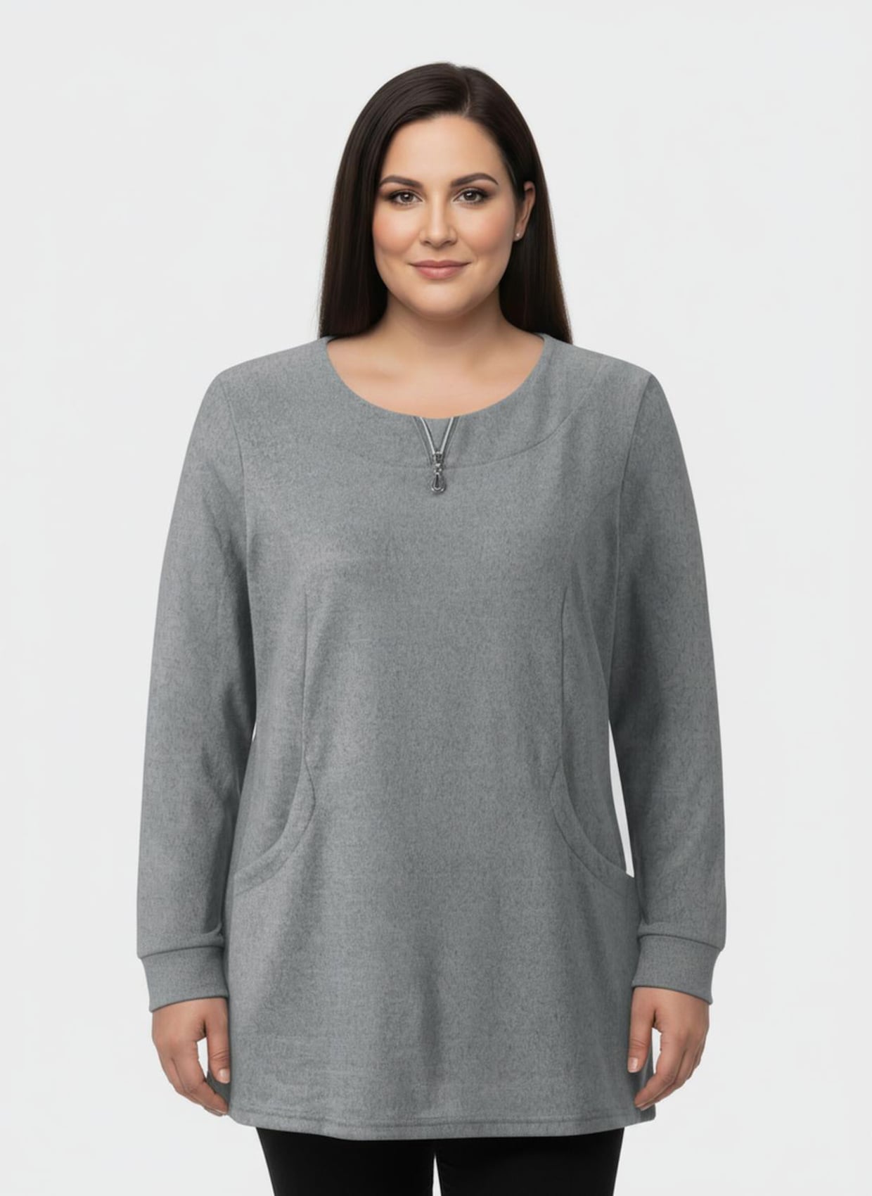 Langarmshirt in angerauter Qualität - hellgrau-schwarz-meliert