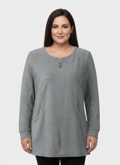 Langarmshirt in angerauter Qualität - hellgrau-schwarz-meliert