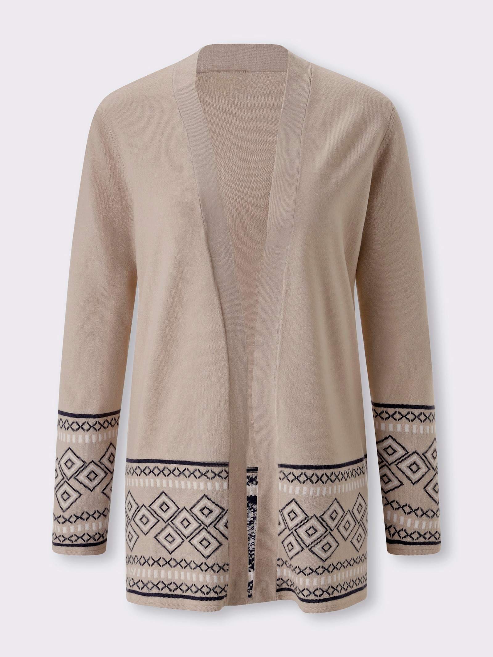 Longstrickjacke mit Bordüren-Muster - beige-marine