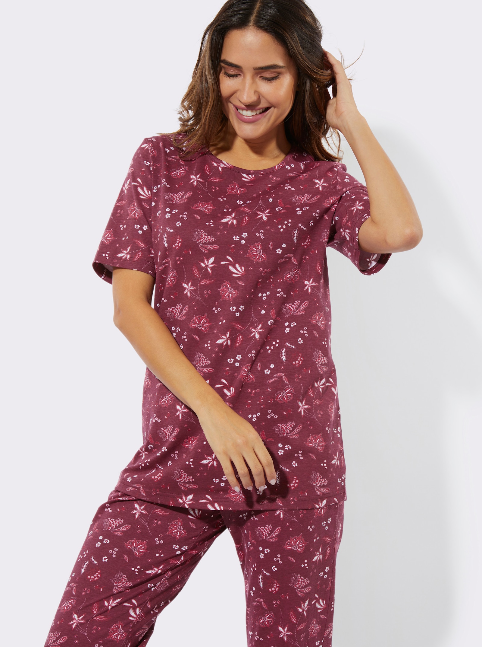 Pyžamo s celoplošným květinovým vzorem - tmavěčervená-potisk