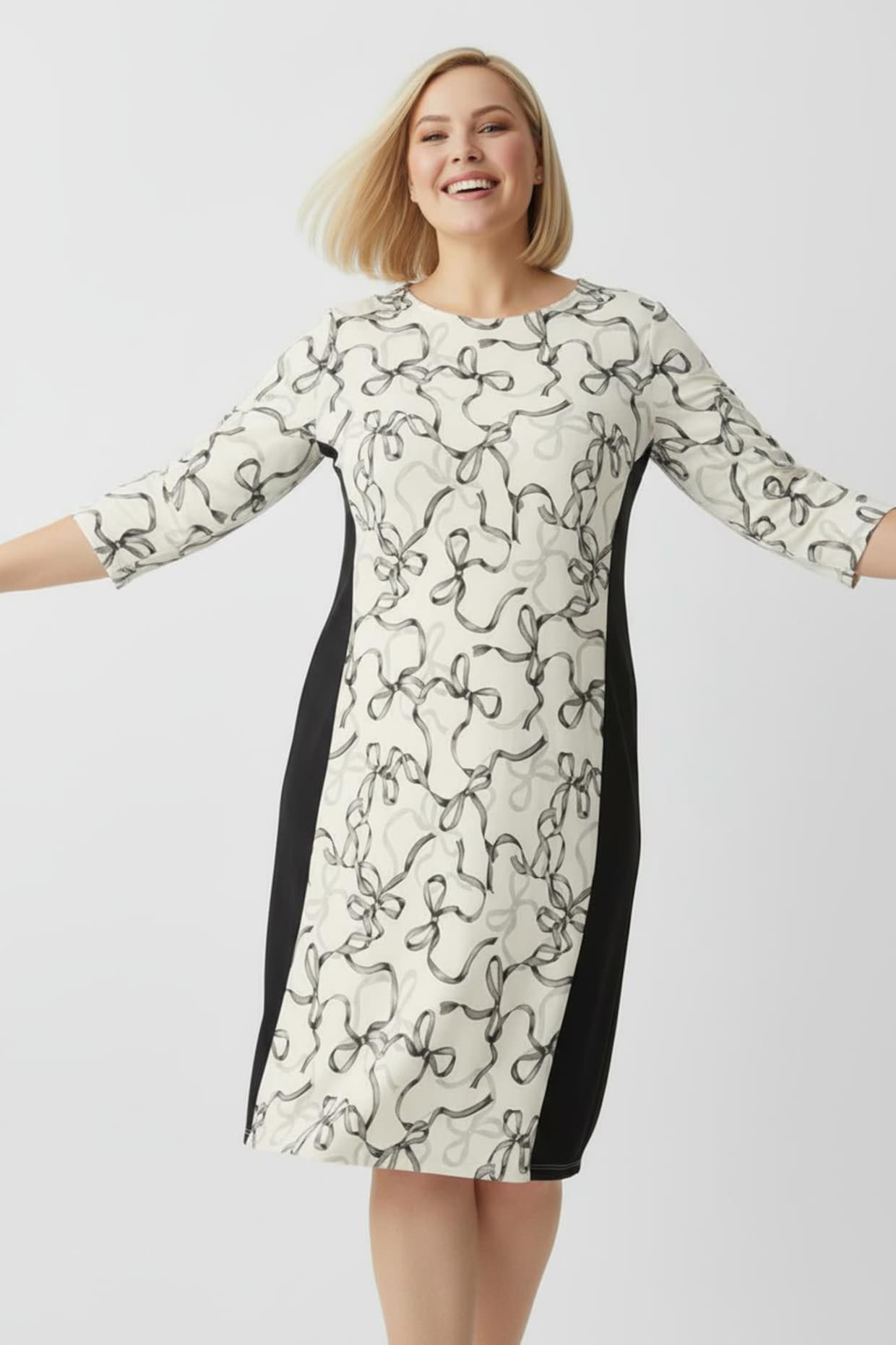 Jerseykleid mit seitlichen Uni-Einsätzen - champagner-graphit-bedruckt