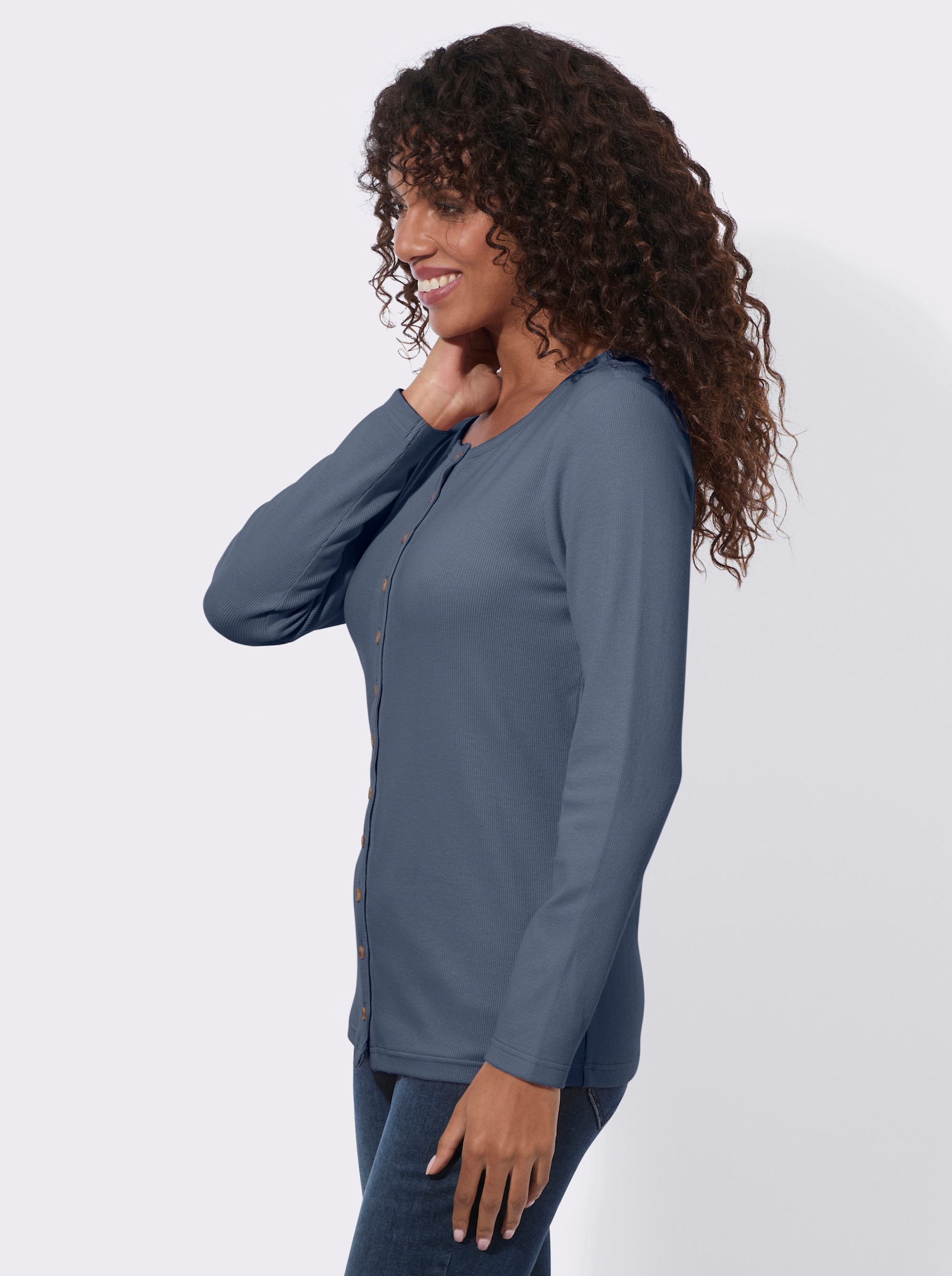  Rippshirt mit dekorativer Knopfleiste - rauchblau