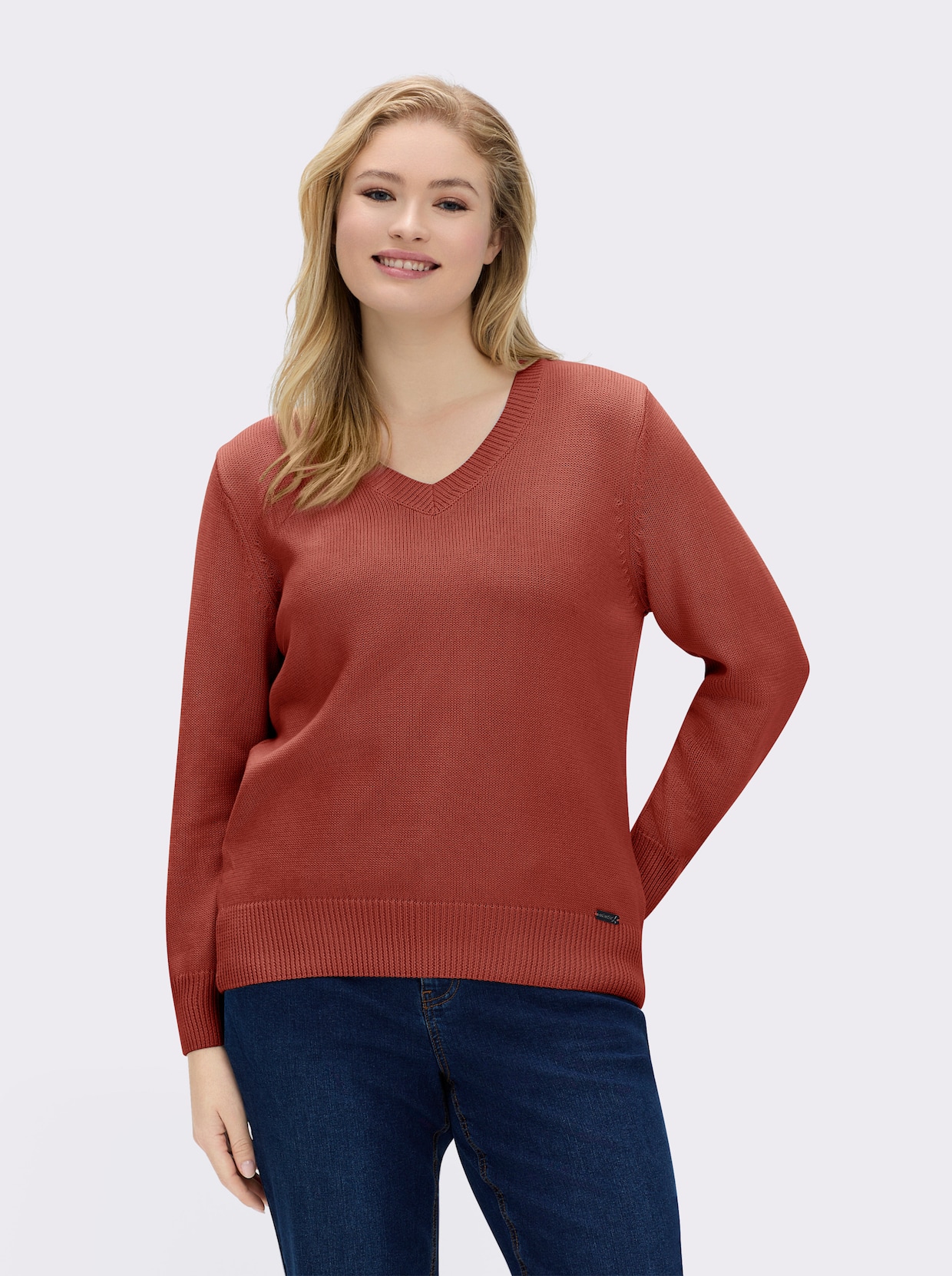 V-Ausschnitt-Pullover mit Baumwolle - rostrot