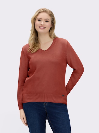 V-Ausschnitt-Pullover mit Baumwolle - rostrot