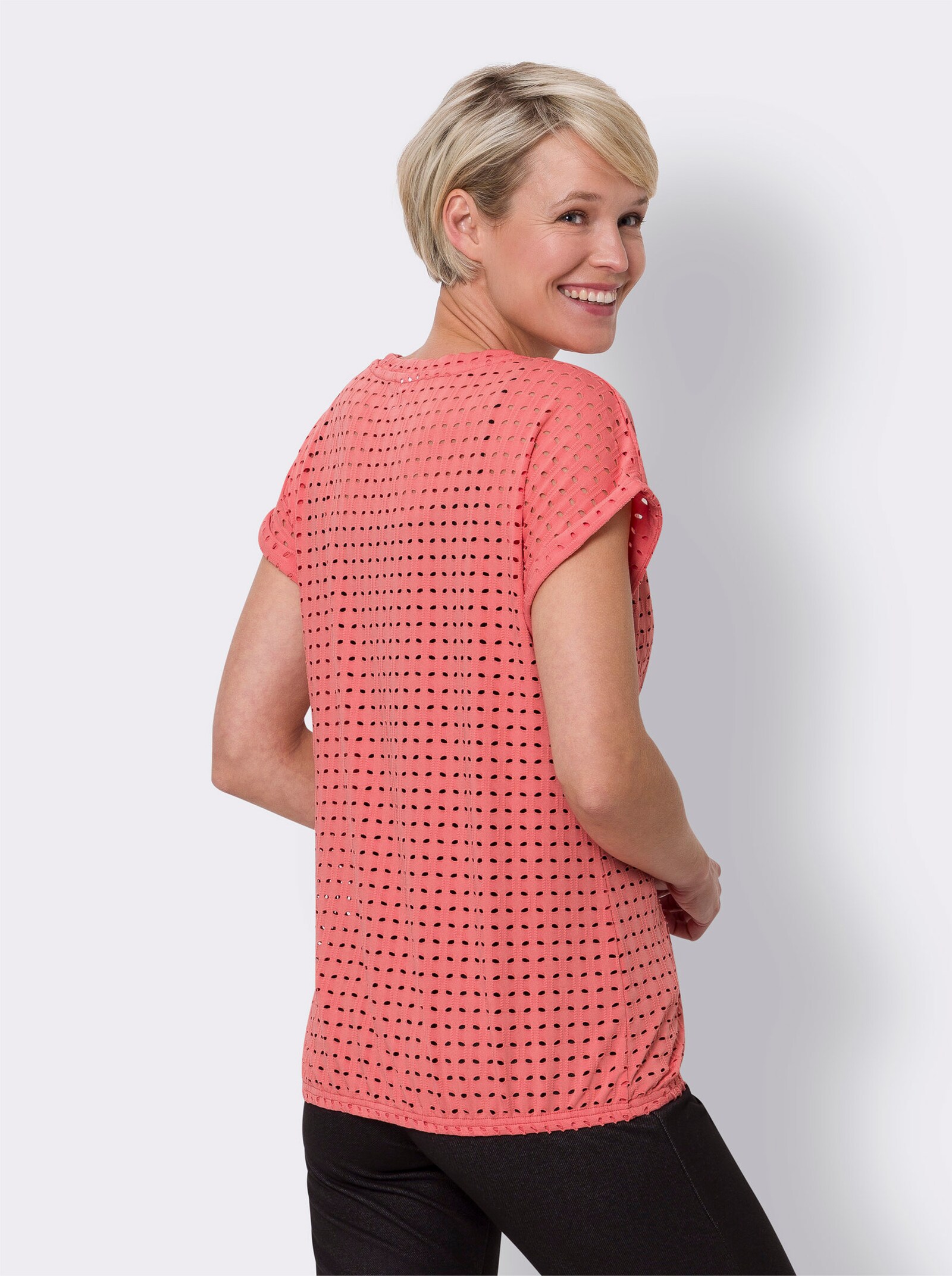 Shirt met V-hals en ajourpatroon - koraal