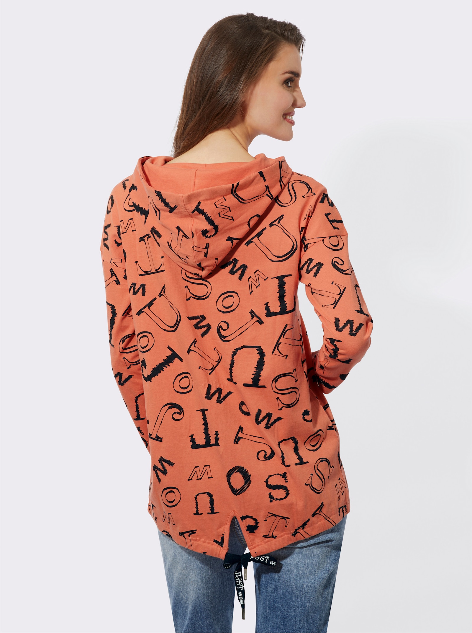 Longshirt im Lettering-Dessin - papaya-schwarz