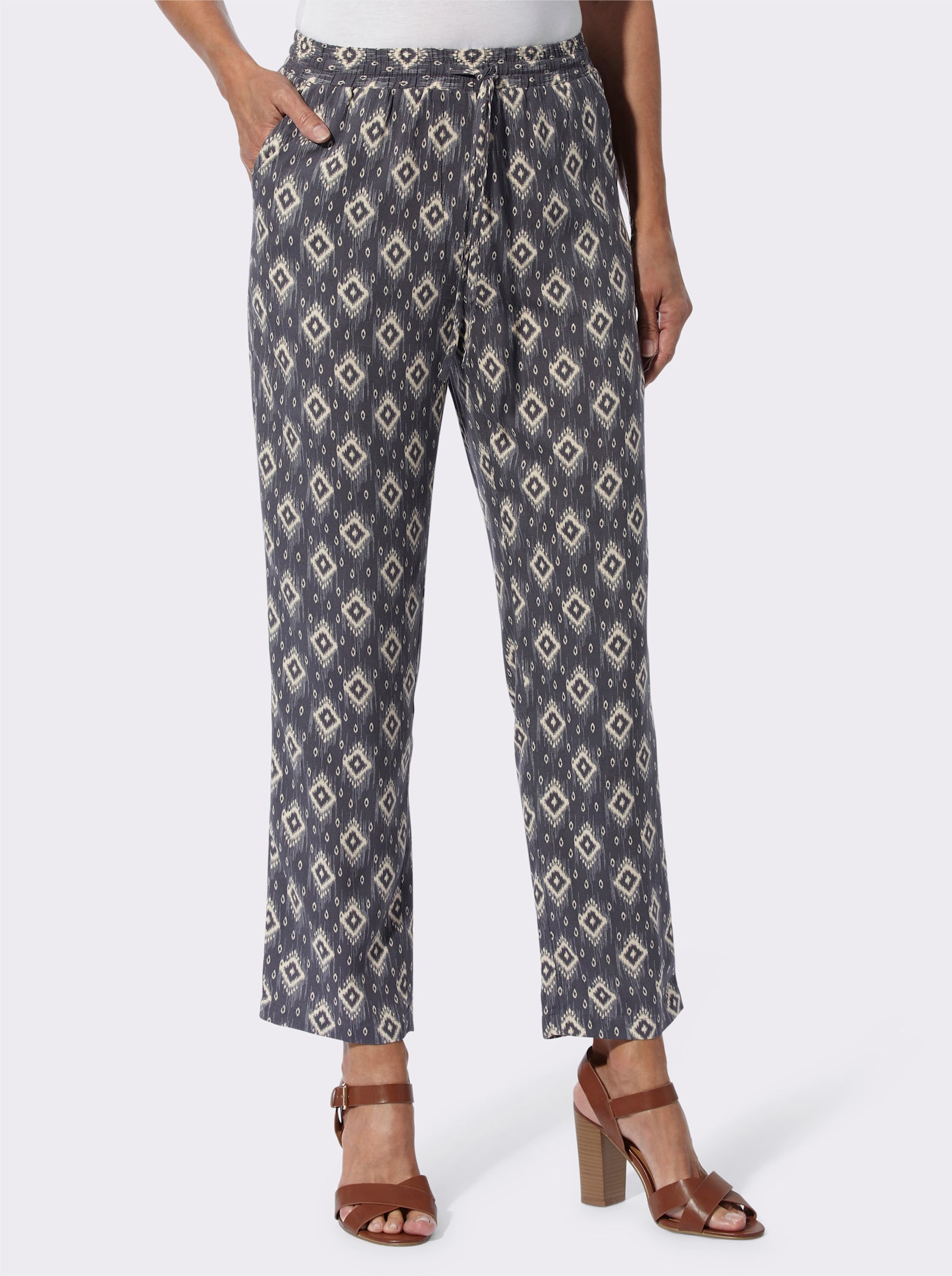 Nohavice na gumu z čistej viskózy - Antracitovo-piesková potlač