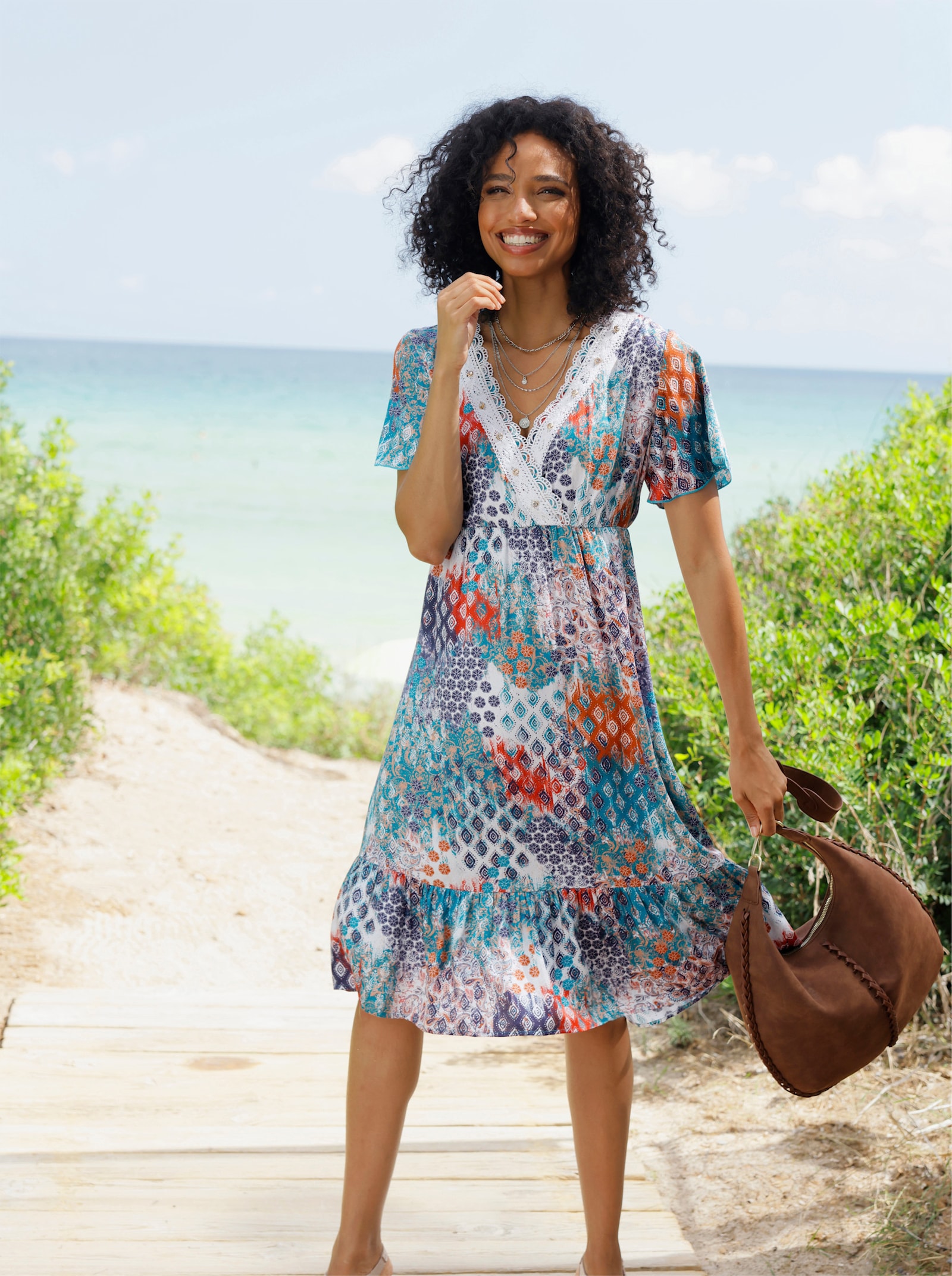 heine Druckkleid mit Spitze - aquapetrol-sand-bedruckt