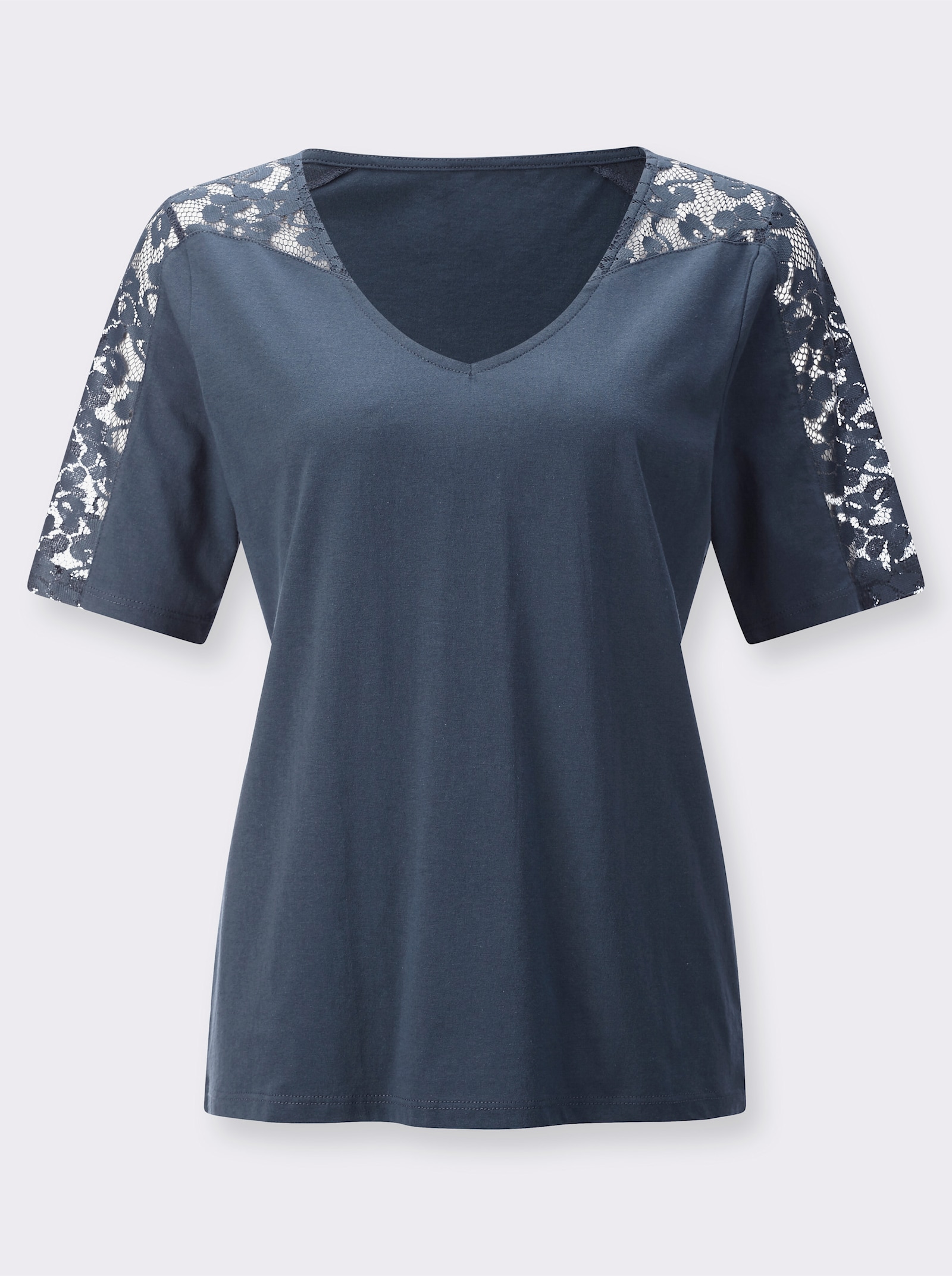 Kanten shirt met diepe V-hals - rookblauw