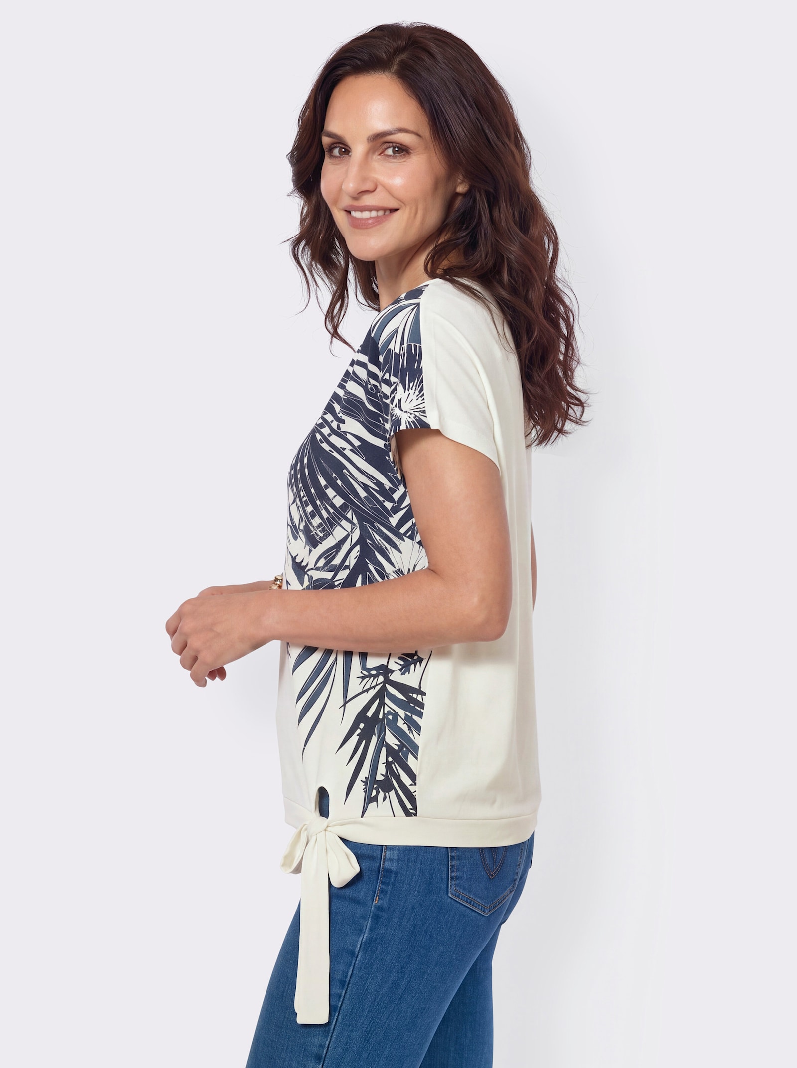 Print-Shirt mit Bindeband - dunkelblau-ecru