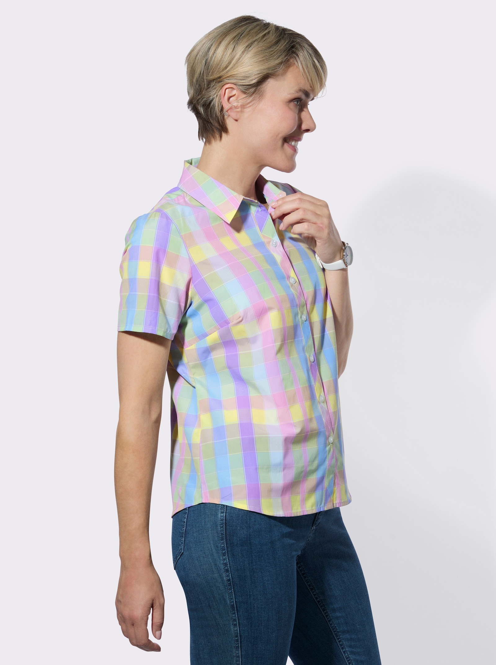 Karobluse mit Brustabnähern - orchidee-zitrone-kariert