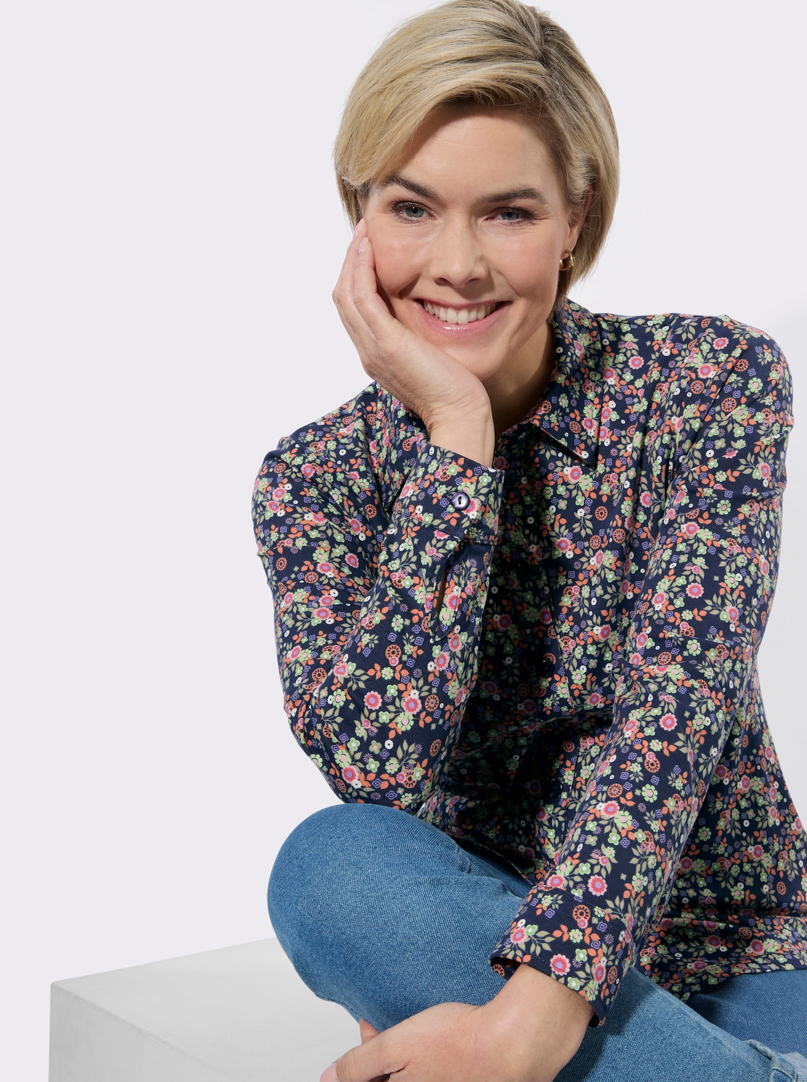 Jersey-Bluse mit floralem Muster - marine-reseda-bedruckt