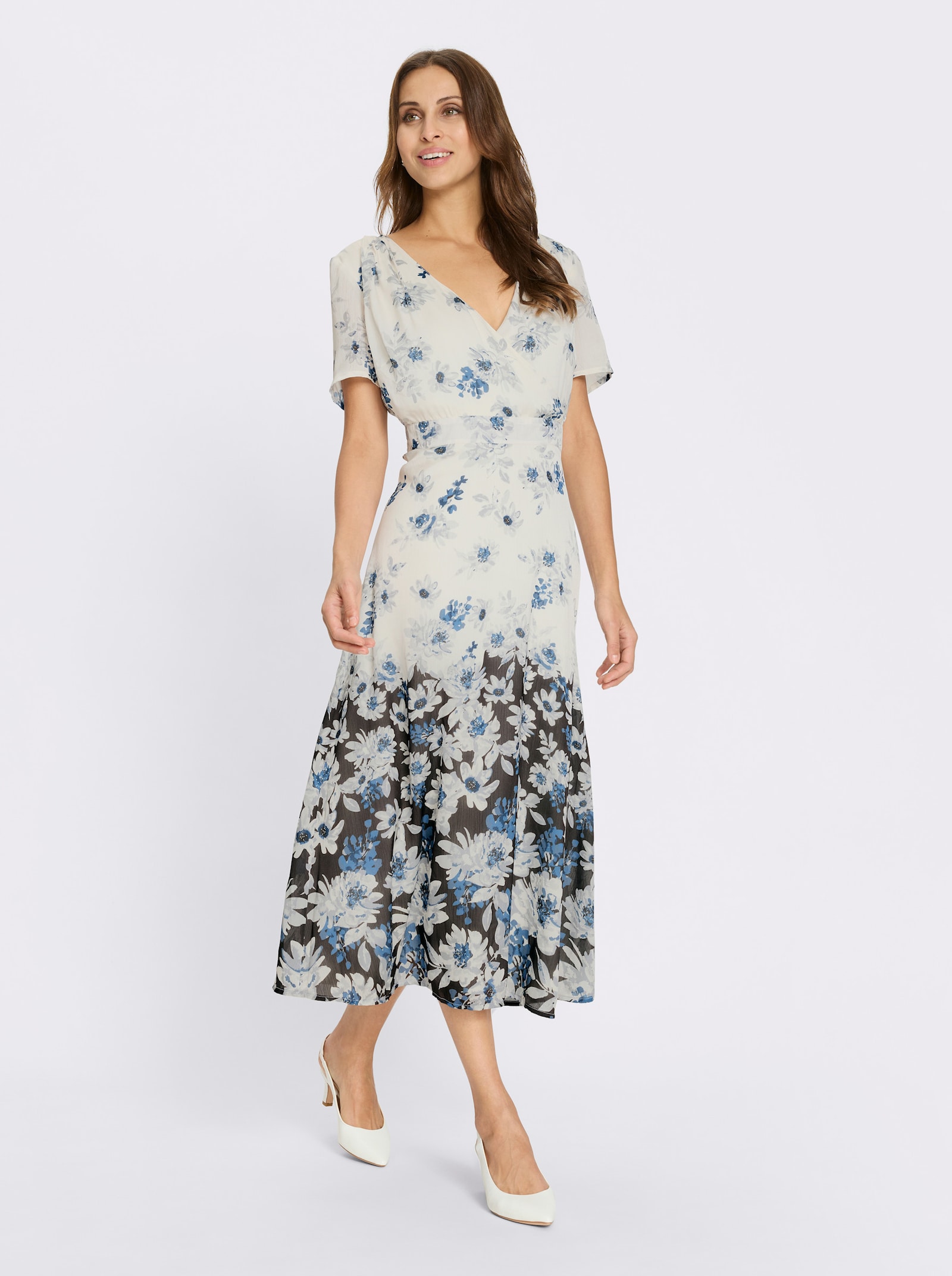 Satinkleid mit Bordüren-Druck - champagner-marine-bedruckt