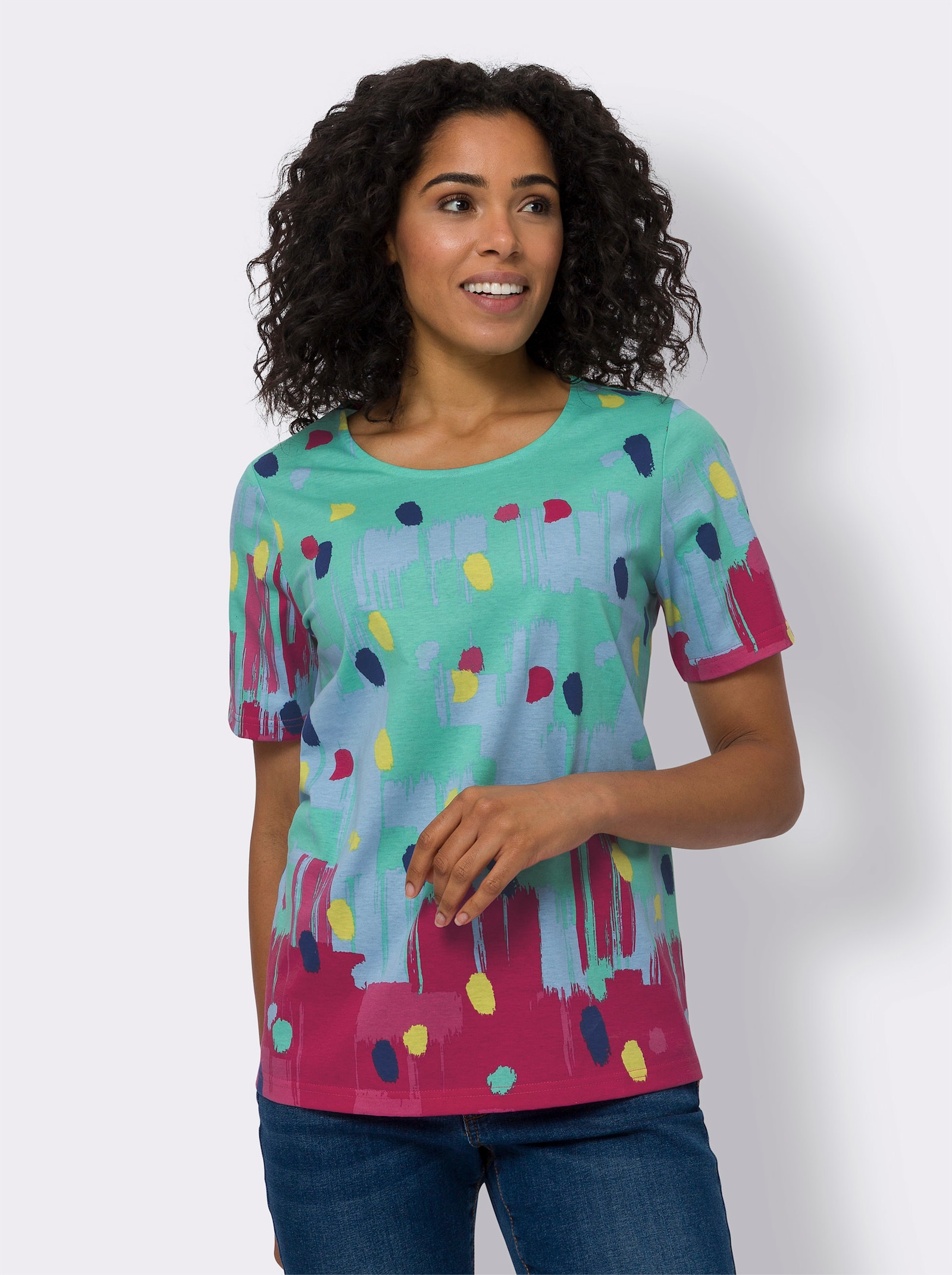 Kurzarmshirt mit Tupfen-Druck - blaugrün-pink-bedruckt