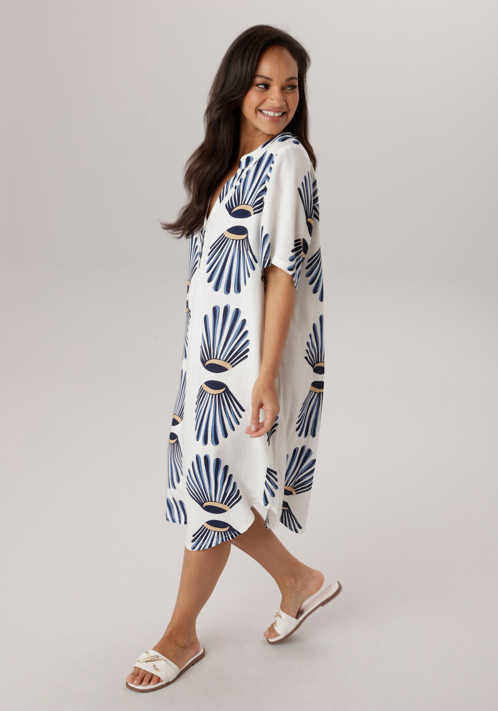 Aniston PLUS Blusenkleid - weiß-marine-blau-beige