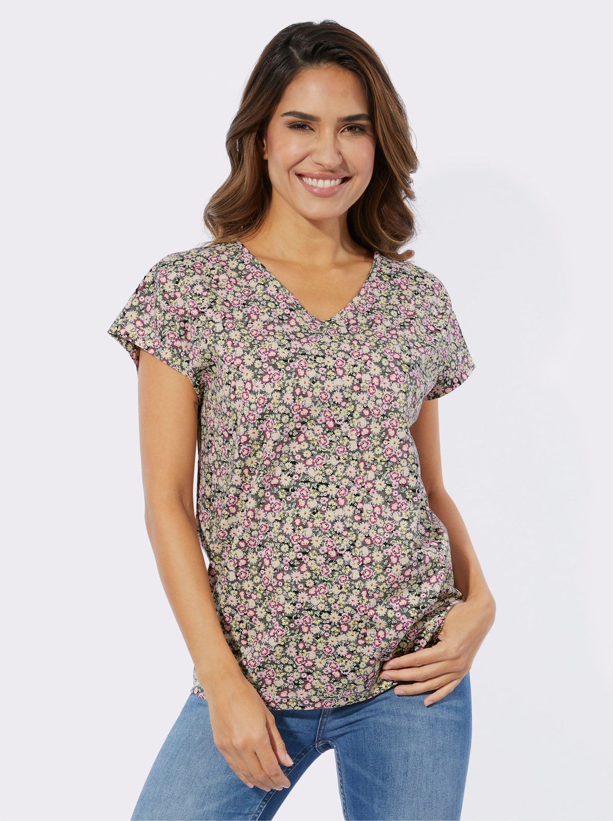 Shirt met V-hals - antraciet/roze