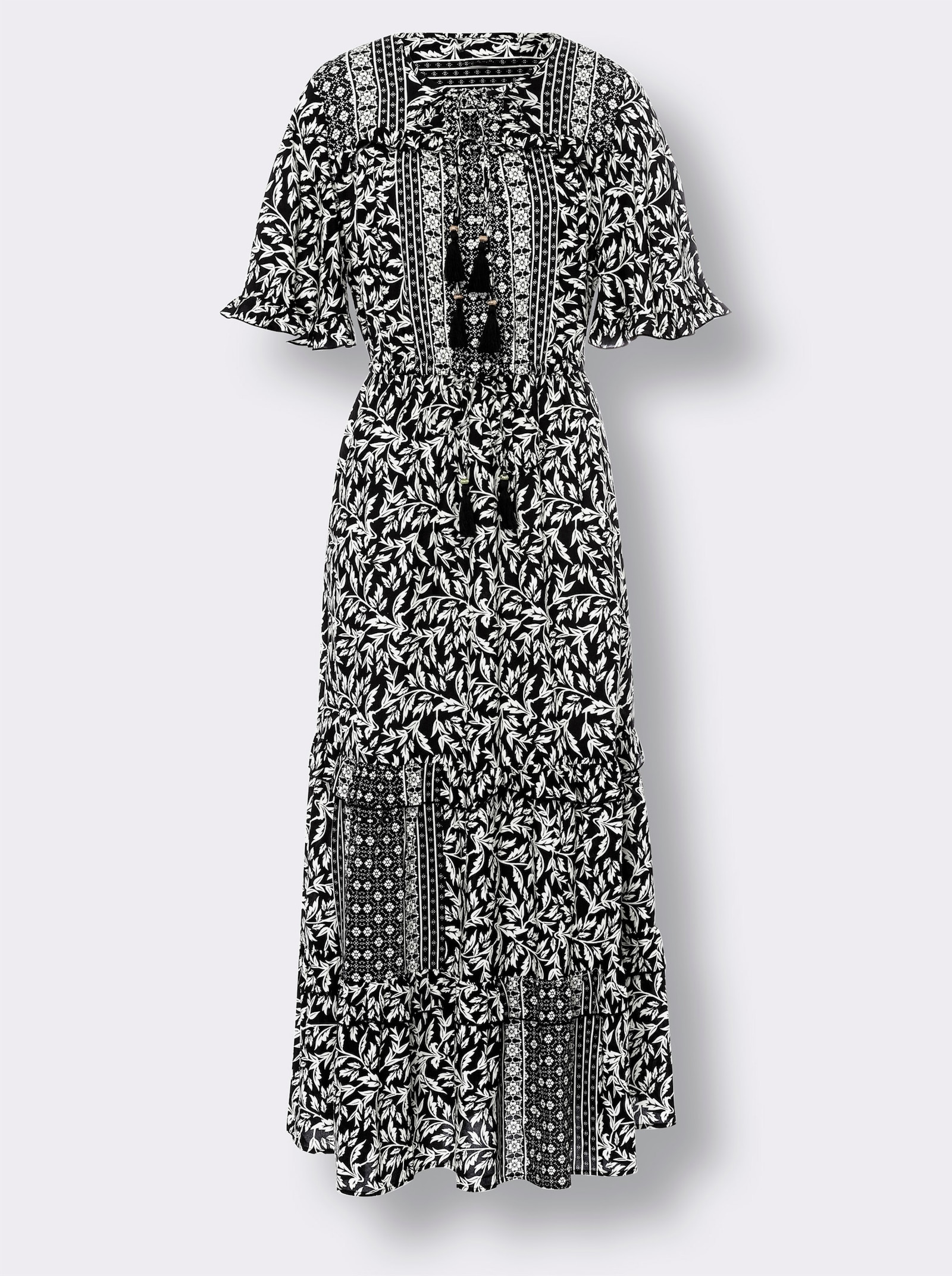 heine Druckkleid mit Volant, geblümt - schwarz-beige-bedruckt