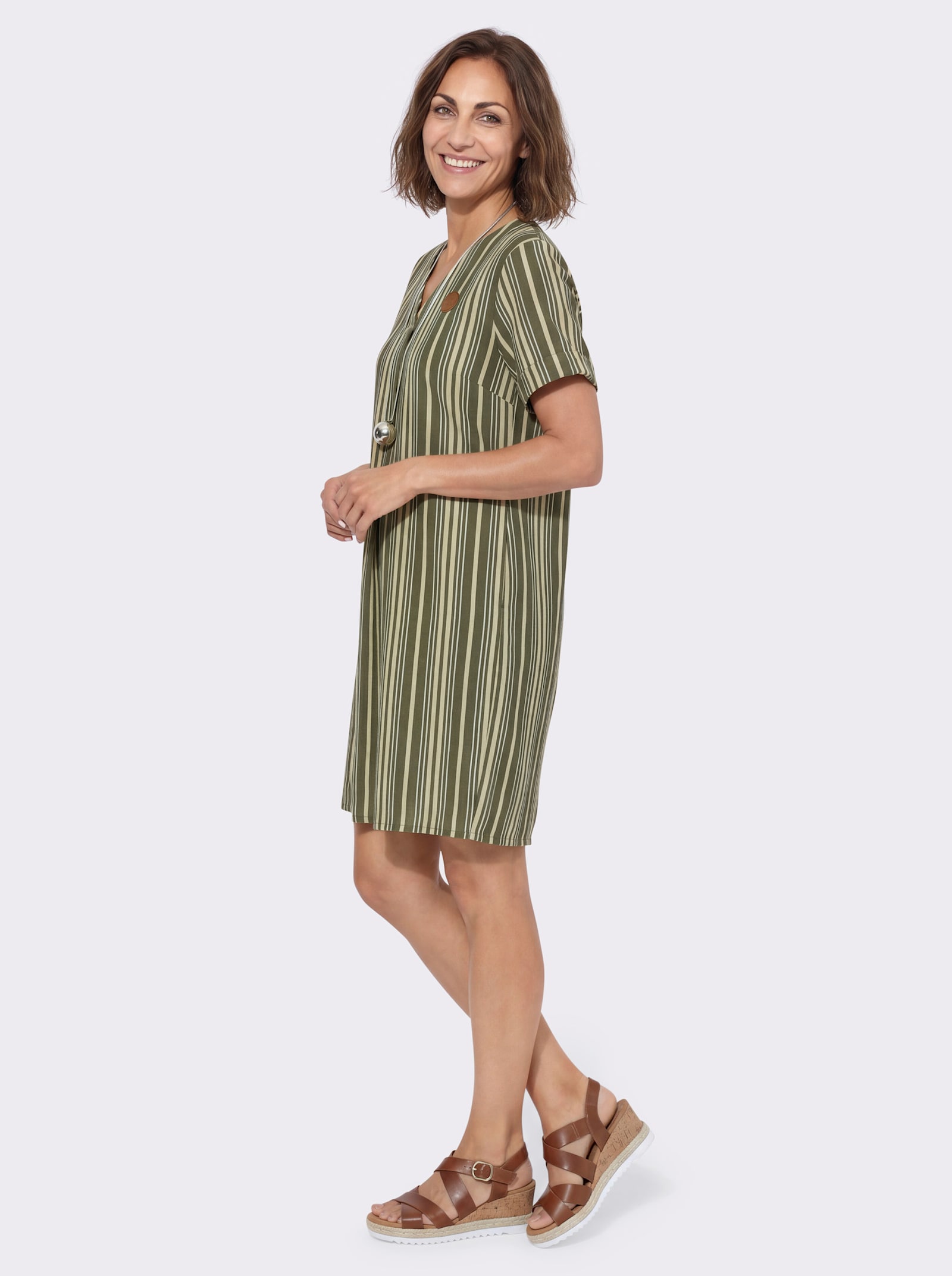 Webkleid in A-Form - oliv-sand-gestreift