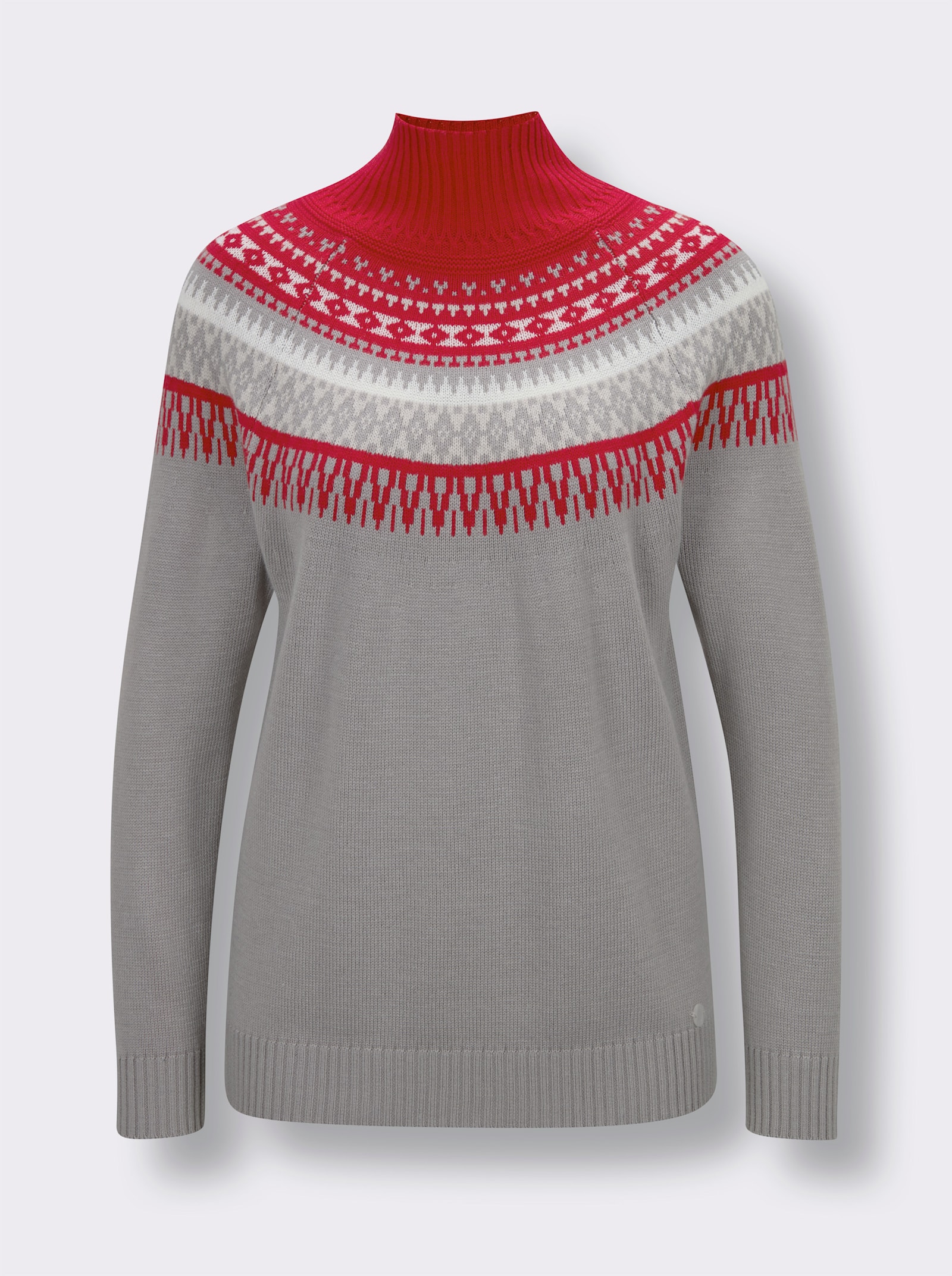 CREATION L PREMIUM Norwegerpullover mit Jacquard-Strick - steingrau-rot-gemustert