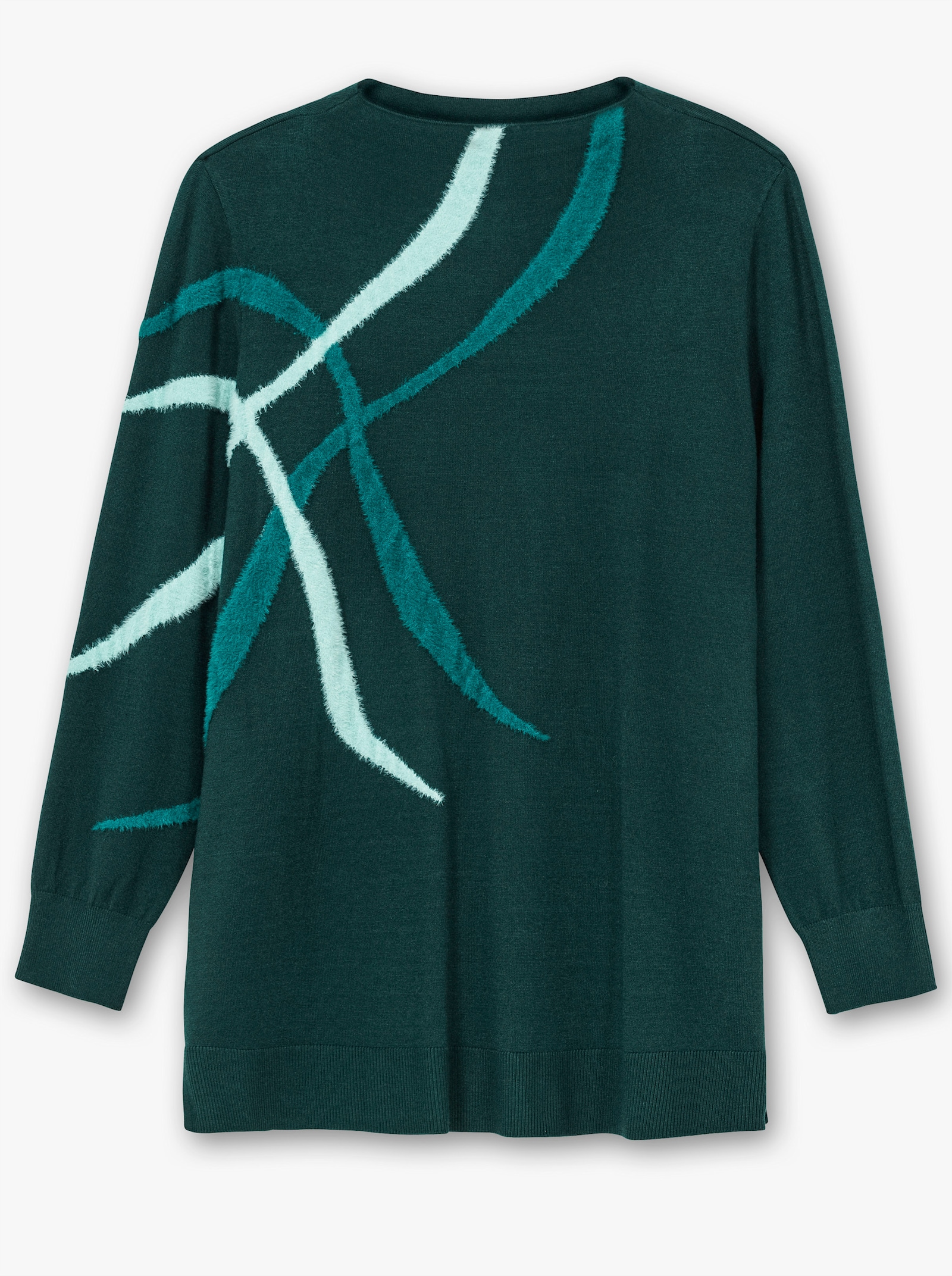 sheego Feinstrickpullover mit Intarsien aus Flauschgarn - tiefgrün-gemustert