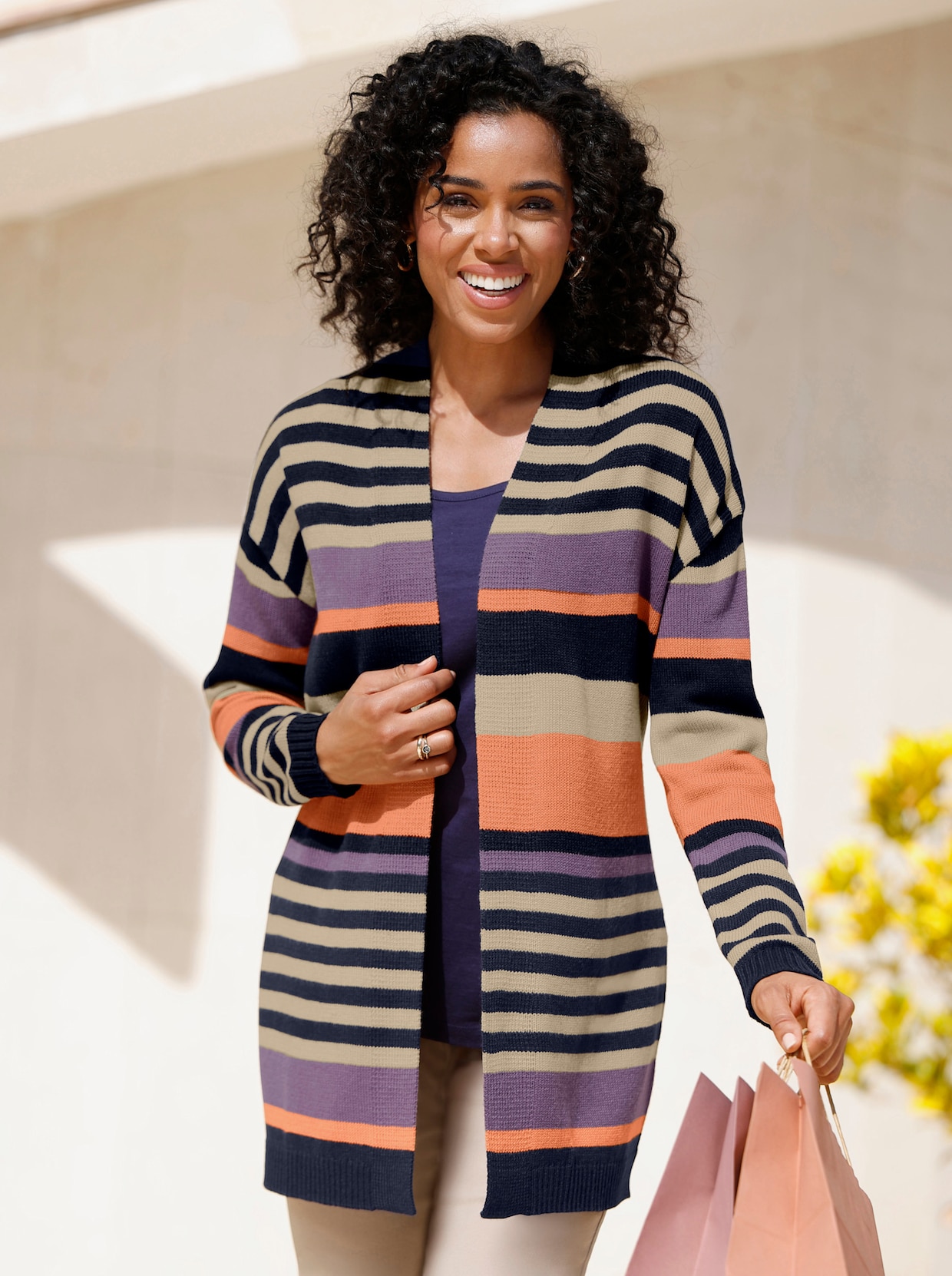 Lang vest in open model - marine/sesam gestreept