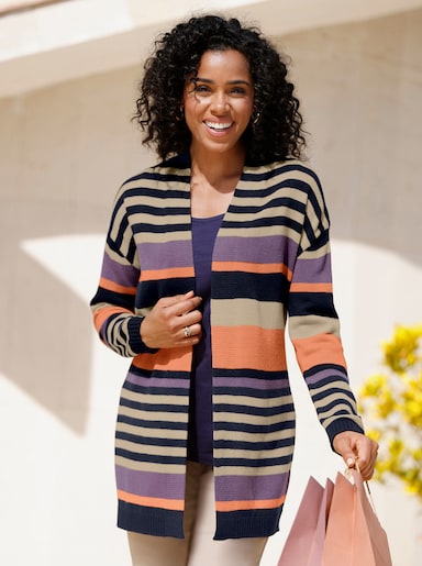 Lang vest in open model - marine/sesam gestreept