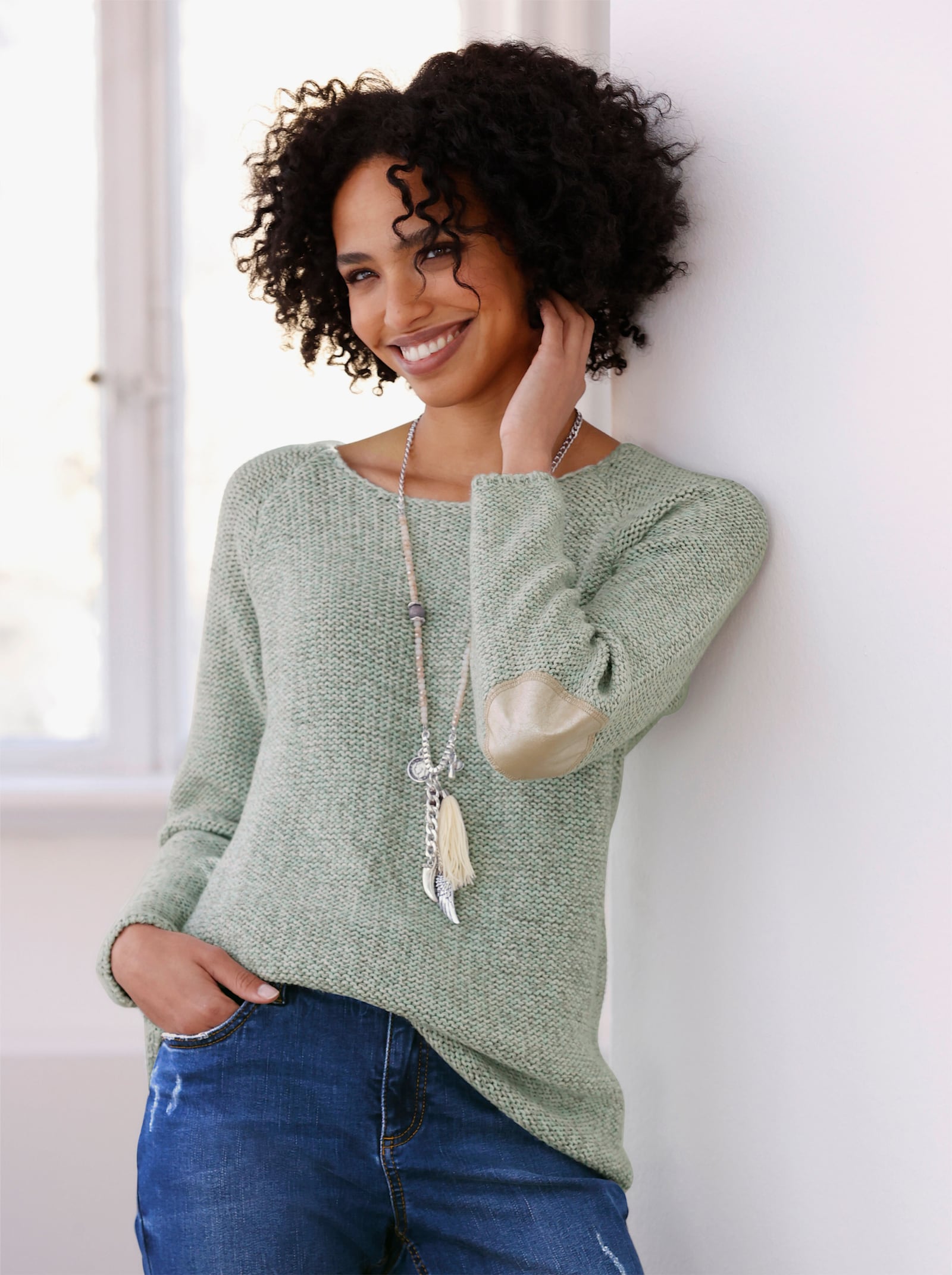 heine Rundhalspullover mit Patches am Ellenbogen - kalkmint-hellgrau-meliert