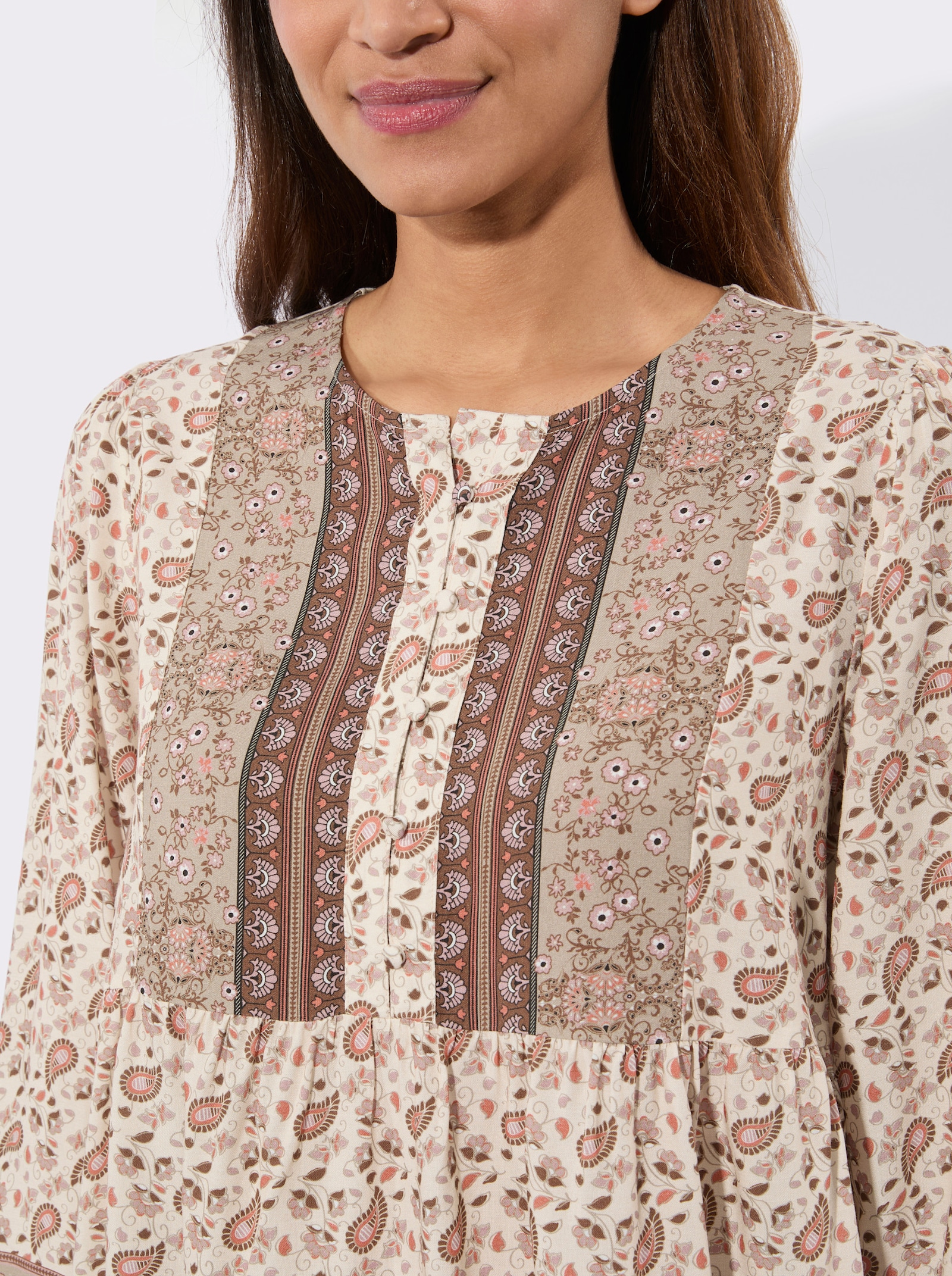 Tunika mit Raffungen an der Rückenpasse - ecru-papaya-bedruckt