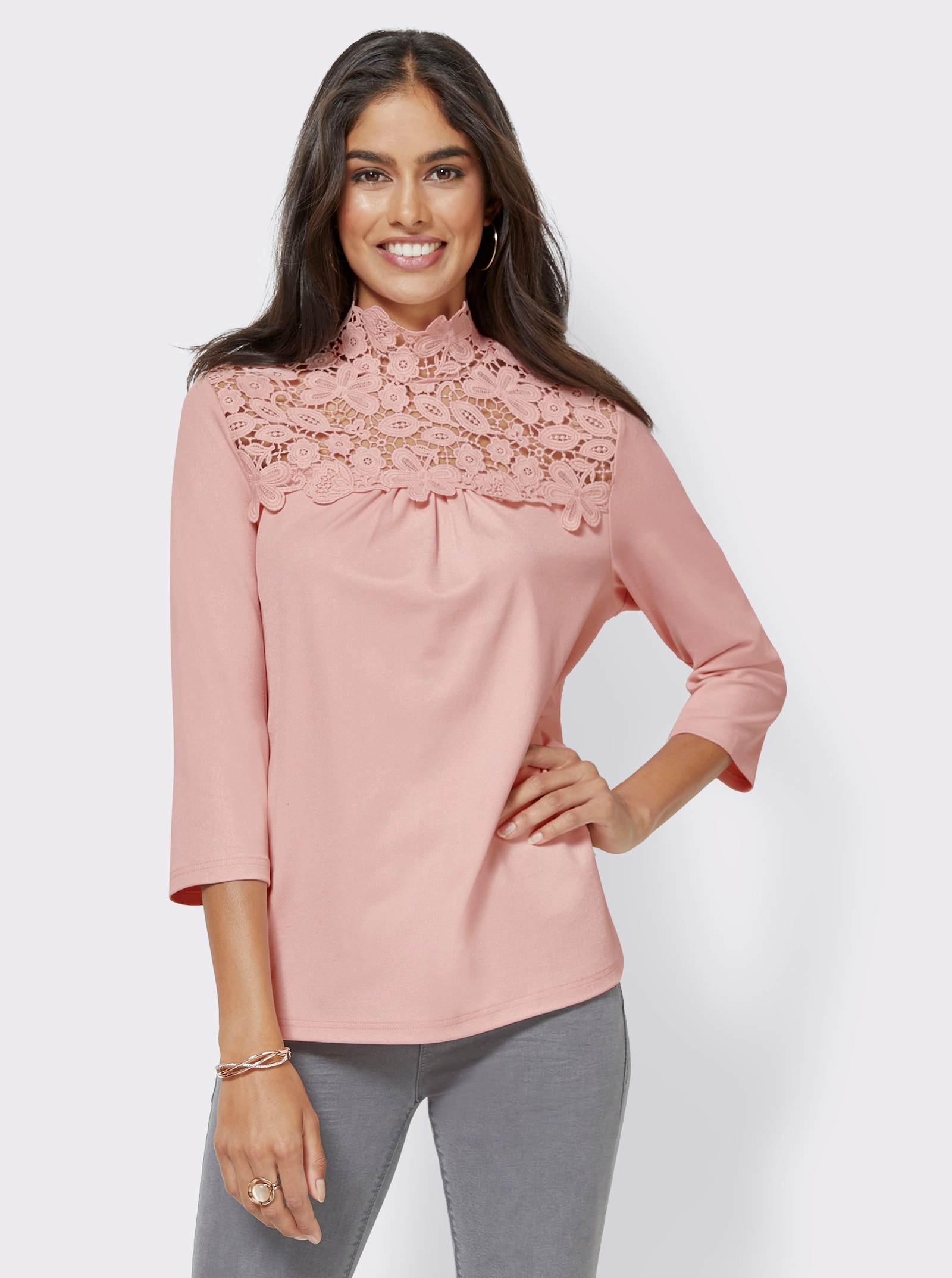 Kanten shirt met opstaande kraag - roze