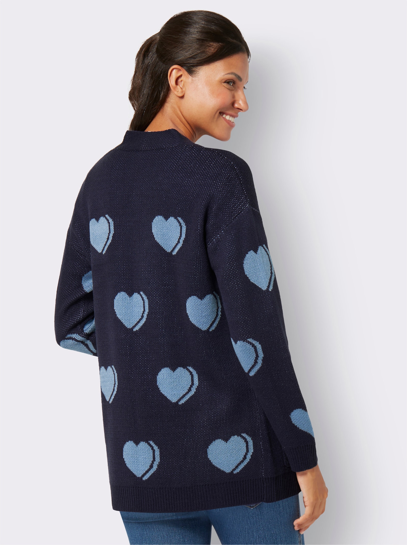 Longstrickjacke mit Herz-Jacquardmuster - marine-himmelblau-gemustert
