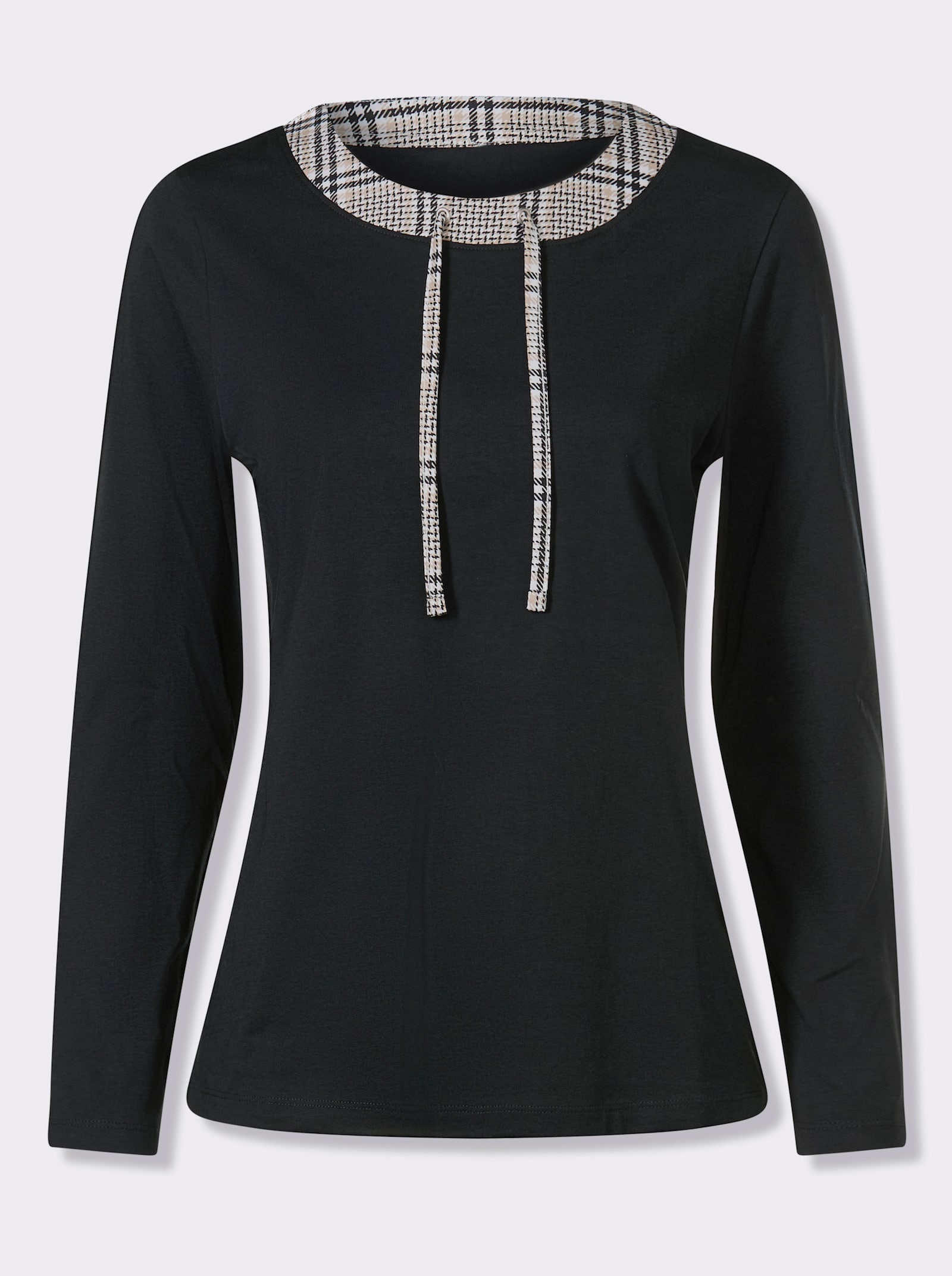 Langarmshirt mit Bindeband und Ösen - schwarz