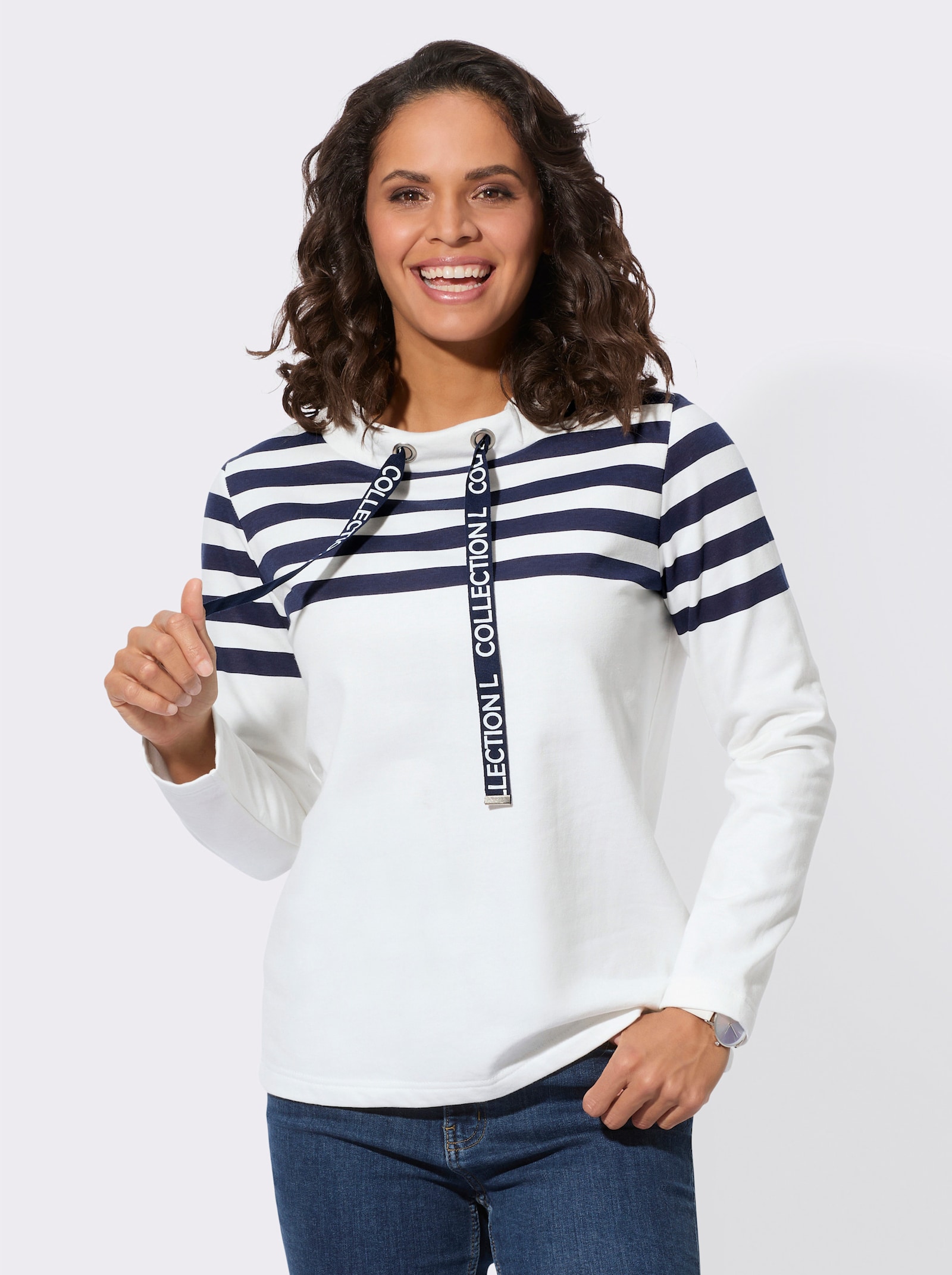 Sweatshirt met hoge opstaande kraag - ecru/marine