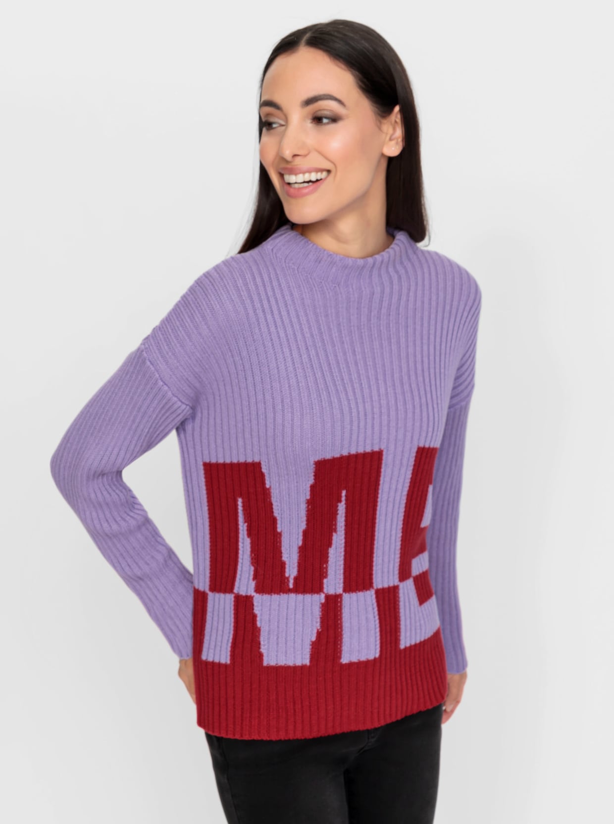 heine Trui met opstaande kraag - lavendel/rood gedessineerd