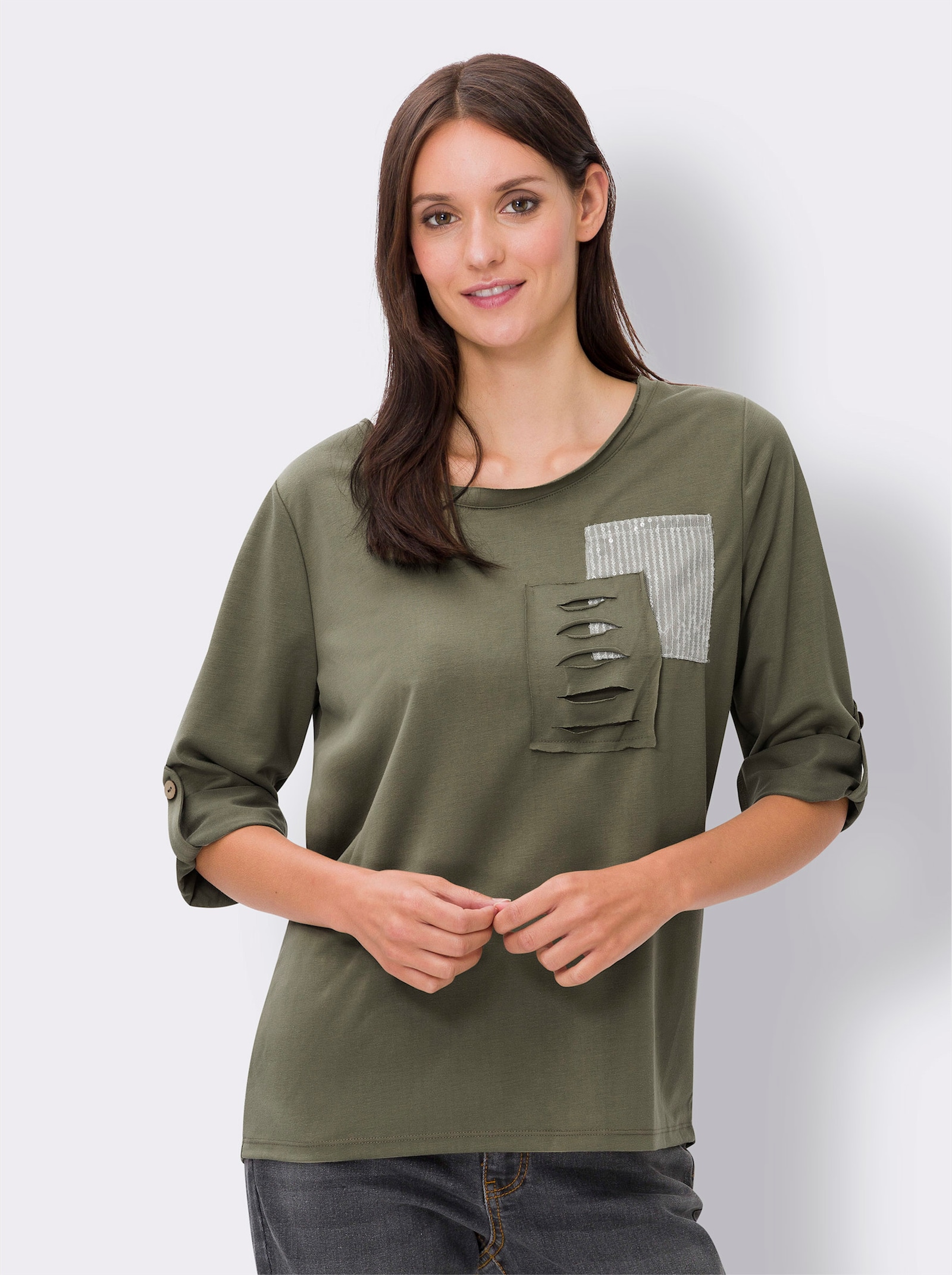 heine 3/4-Arm-Shirt mit Pailletten - khaki