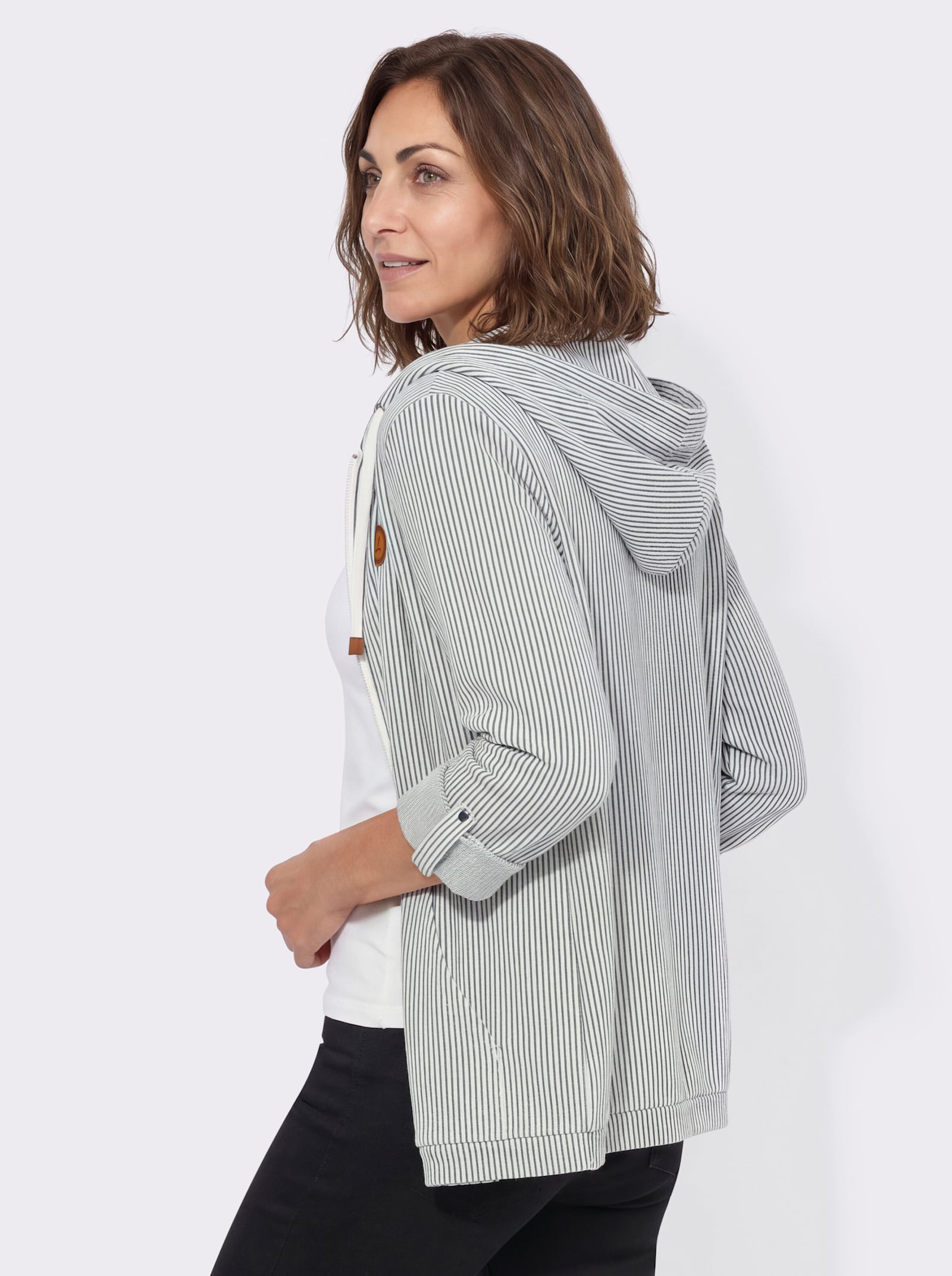 Sweatjacke mit Känguru-Tasche - dunkelblau-ecru-gestreift