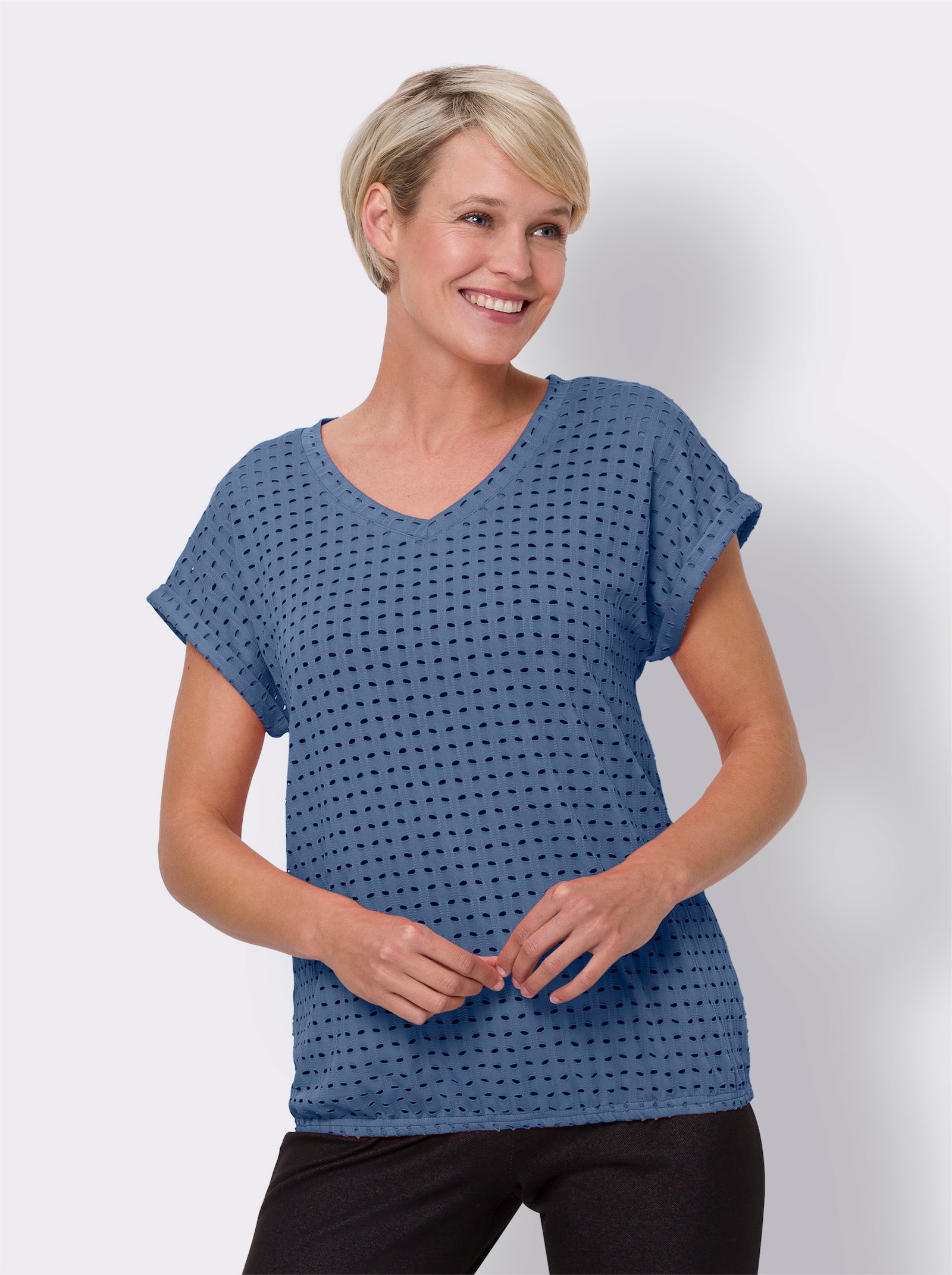 Shirt met V-hals en ajourpatroon - jeansblauw