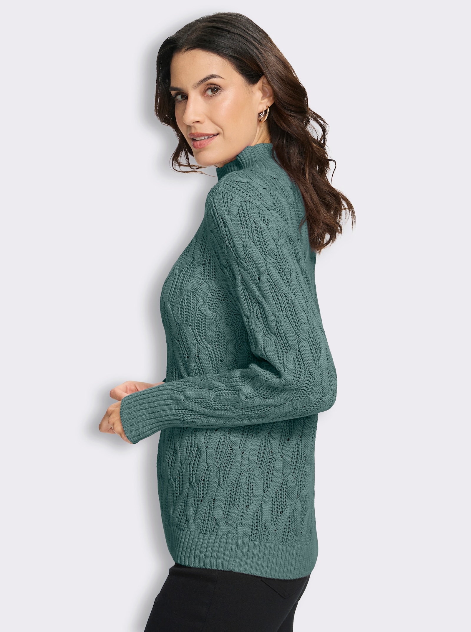  Stehkragenpullover mit Zopfmuster rundum - jade