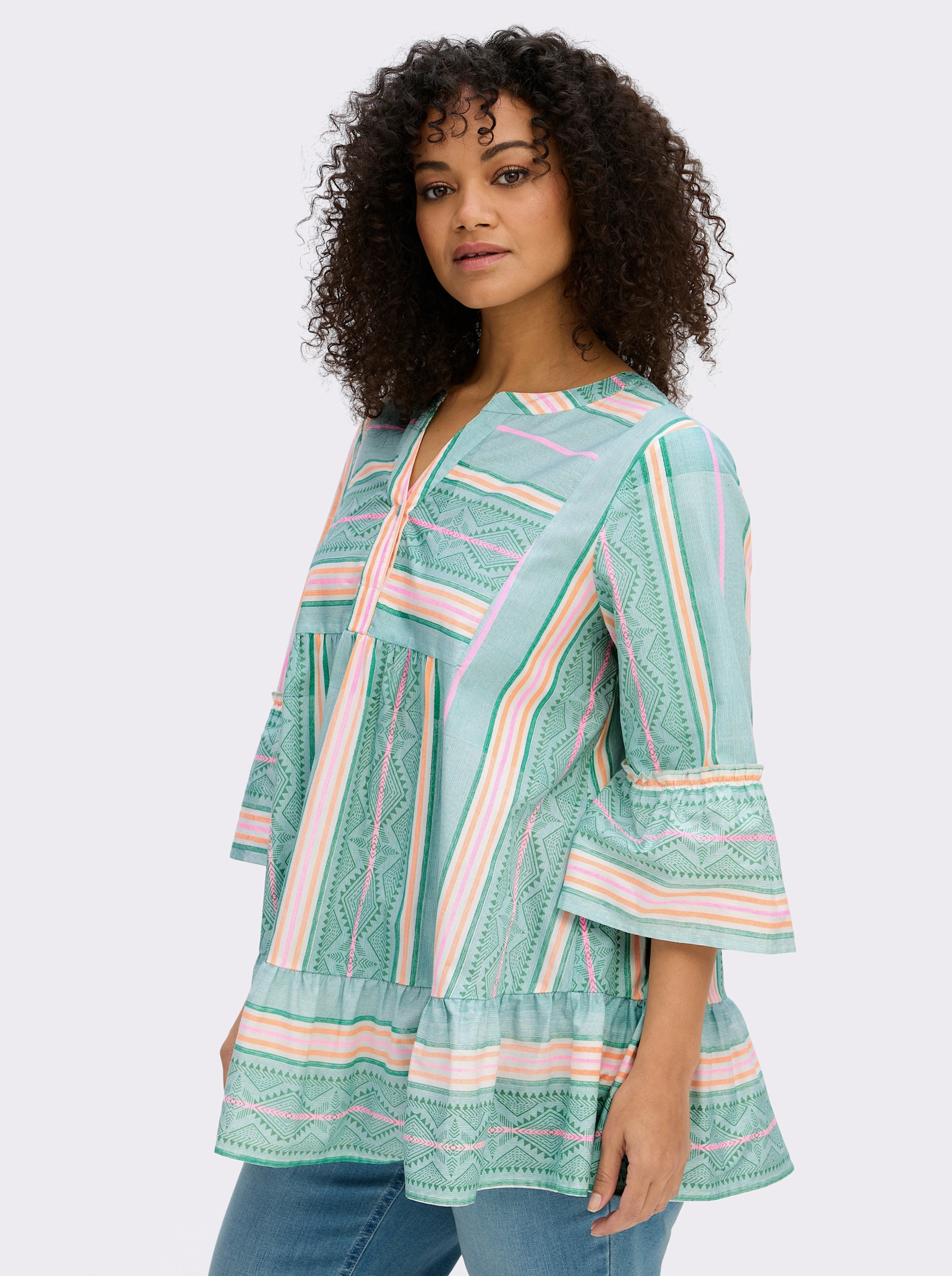 sheego by Joe Browns Tunika im Streifen-Mix, mit Volants - kalkmint-hummer-gemustert