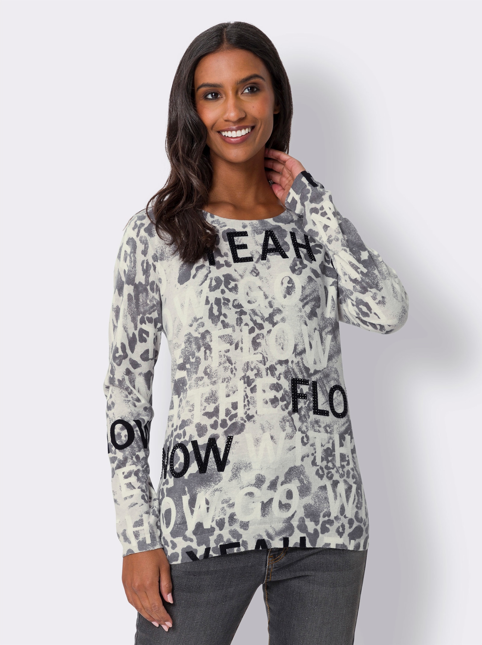 heine Langarm-Pullover mit Ziersteinen - hellgrau-schwarz-bedruckt