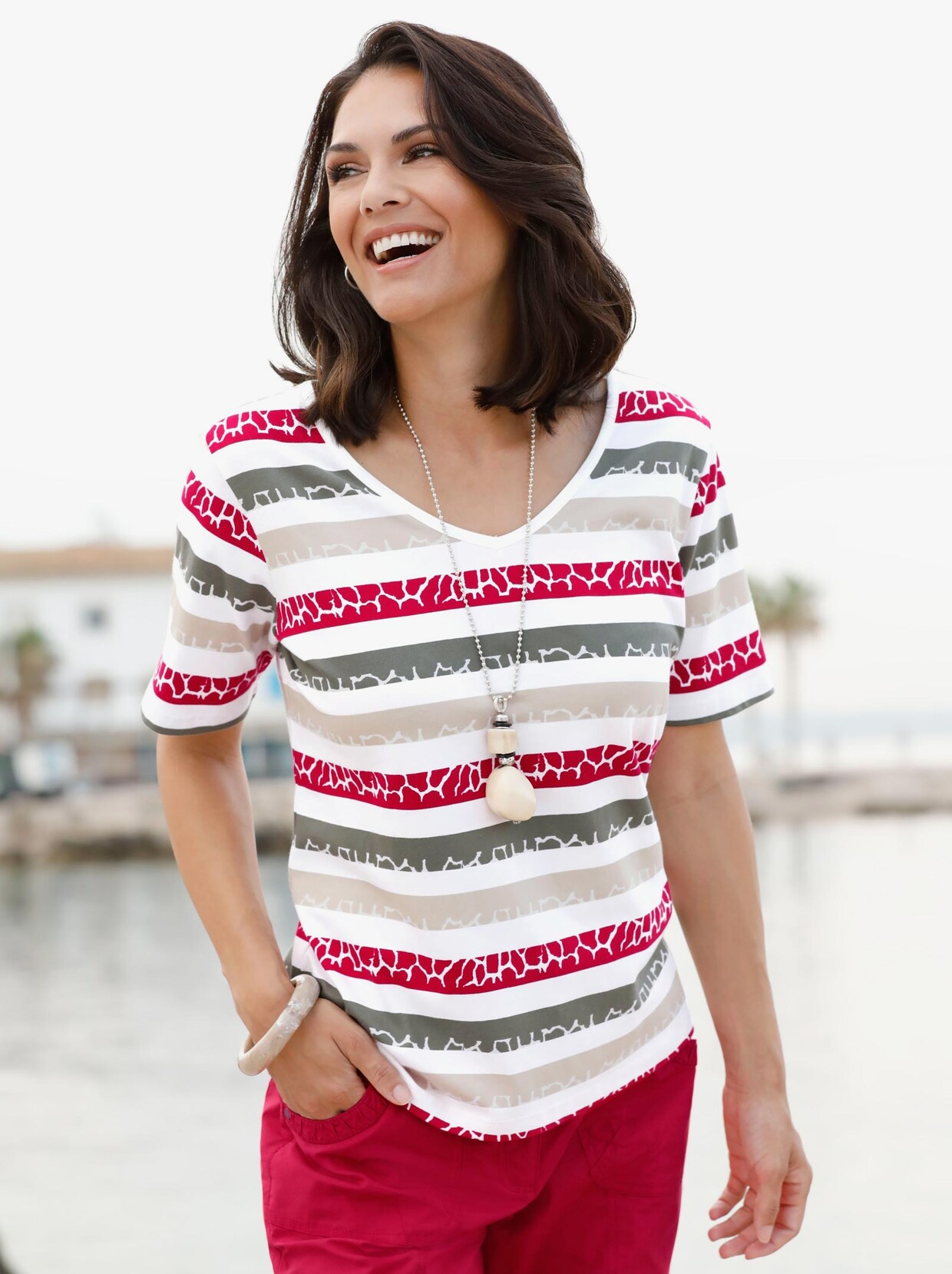 Shirt met korte mouwen - kaki/rood gestreept
