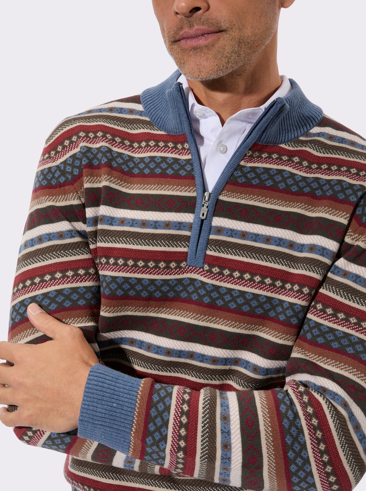 Stehkragenpullover im Norweger-Strickmuster - jeansblau-gemustert