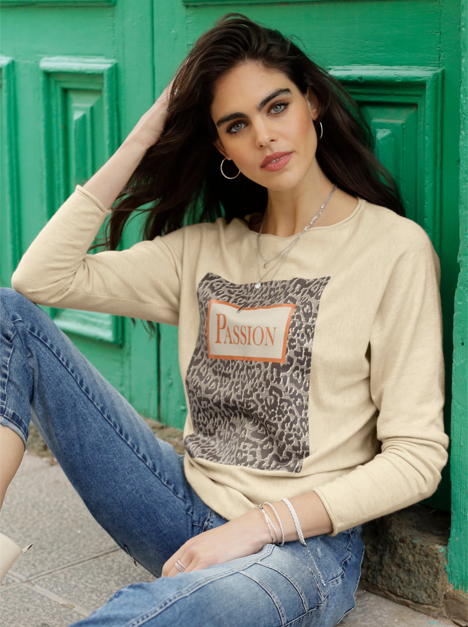 heine Strickpullover mit Fledermausärmeln - sand-meliert