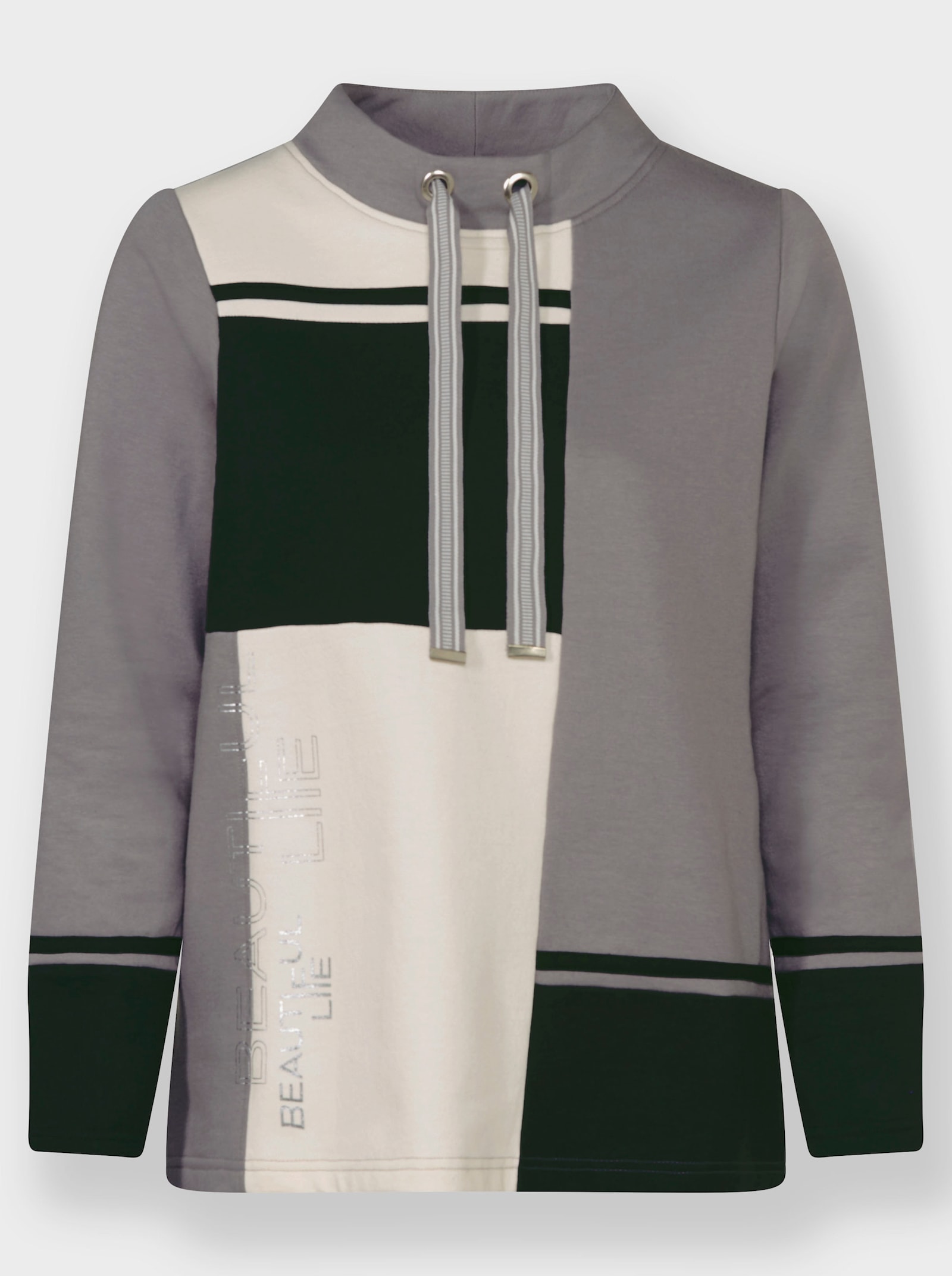 Print-Shirt mit halsfernem Stehkragen - grau-schwarz-gemustert