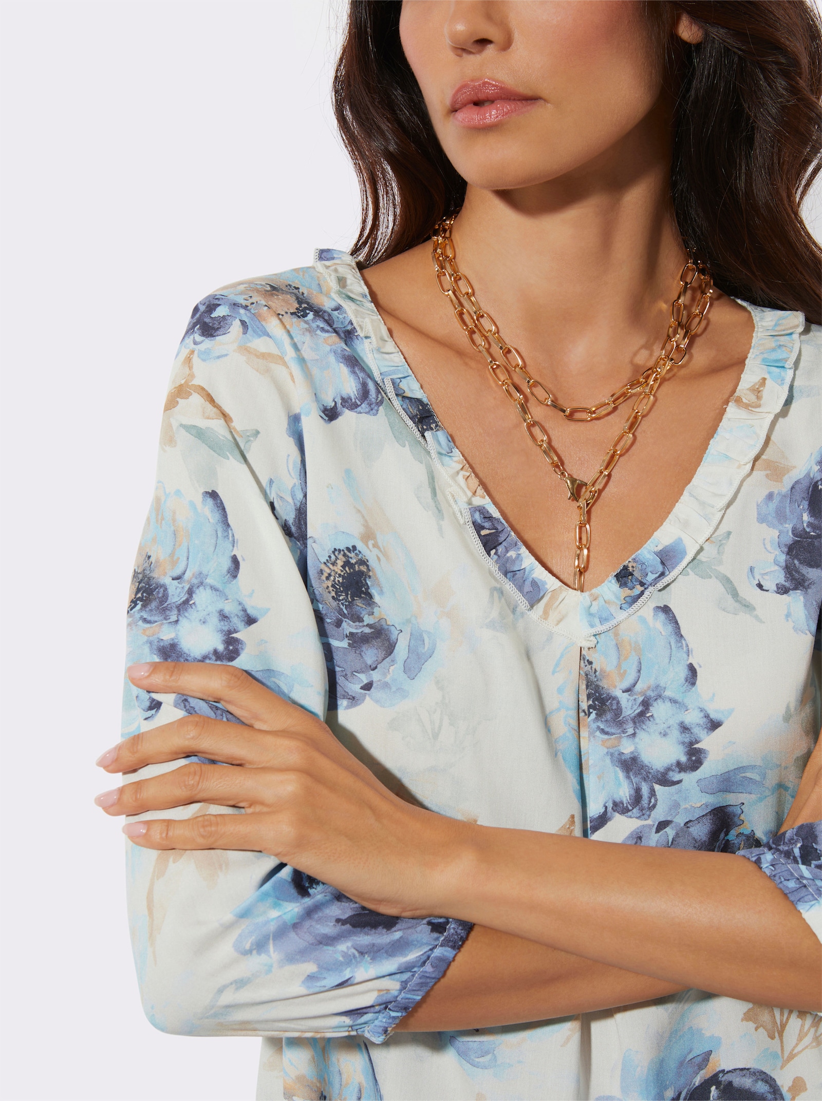 Longbluse aus reiner VIskose - champagner-bleu-bedruckt