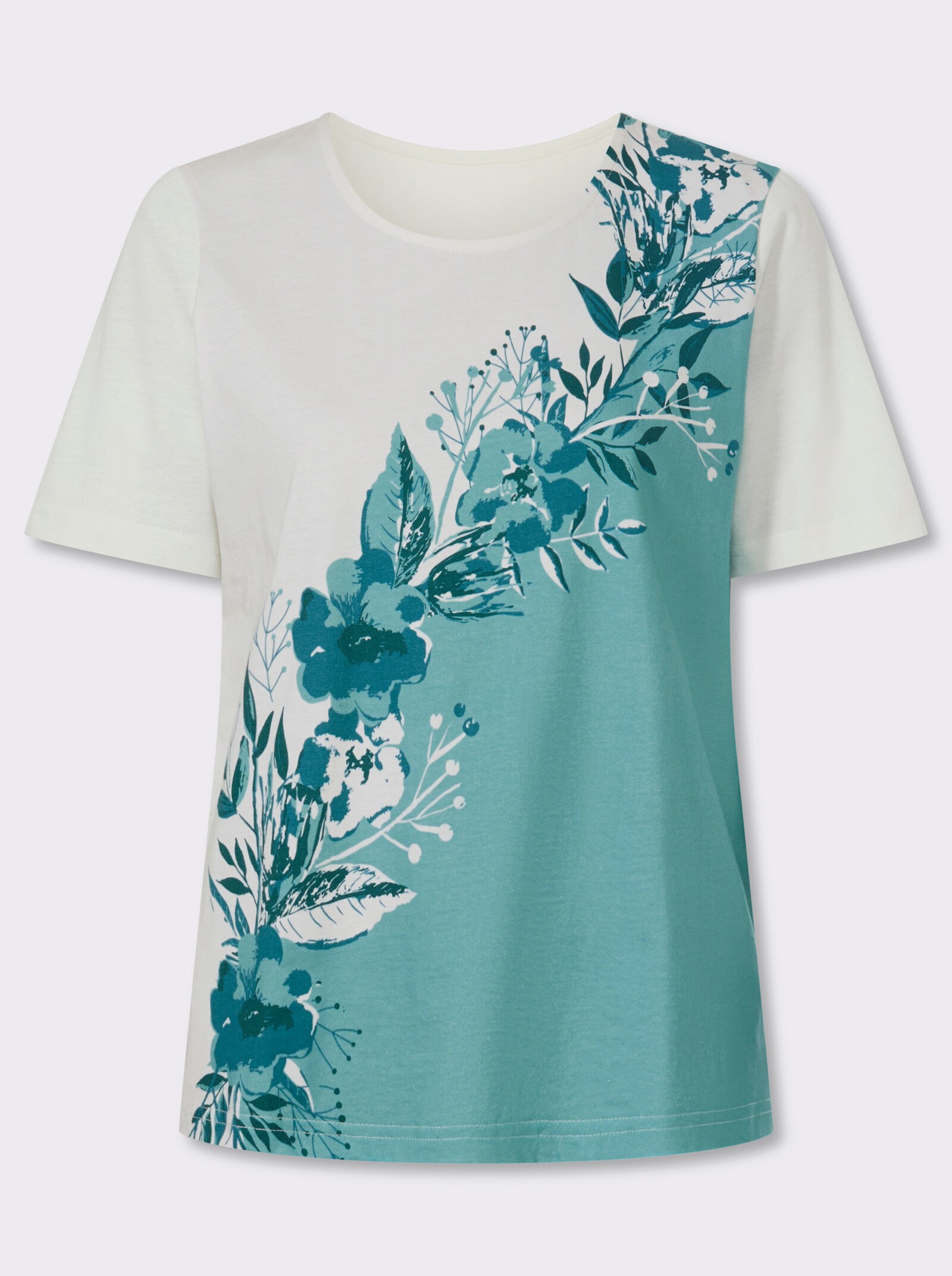 Kurzarmshirt mit platziertem Druck - ecru-aquapetrol-bedruckt