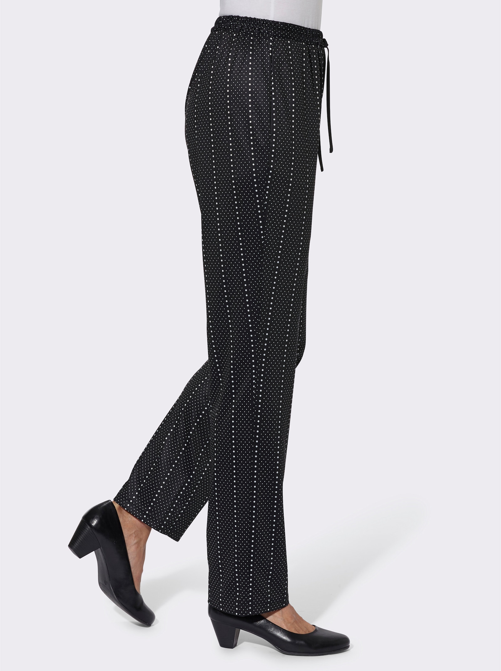 Jerseybroek met bindceintuur - zwart gestippeld